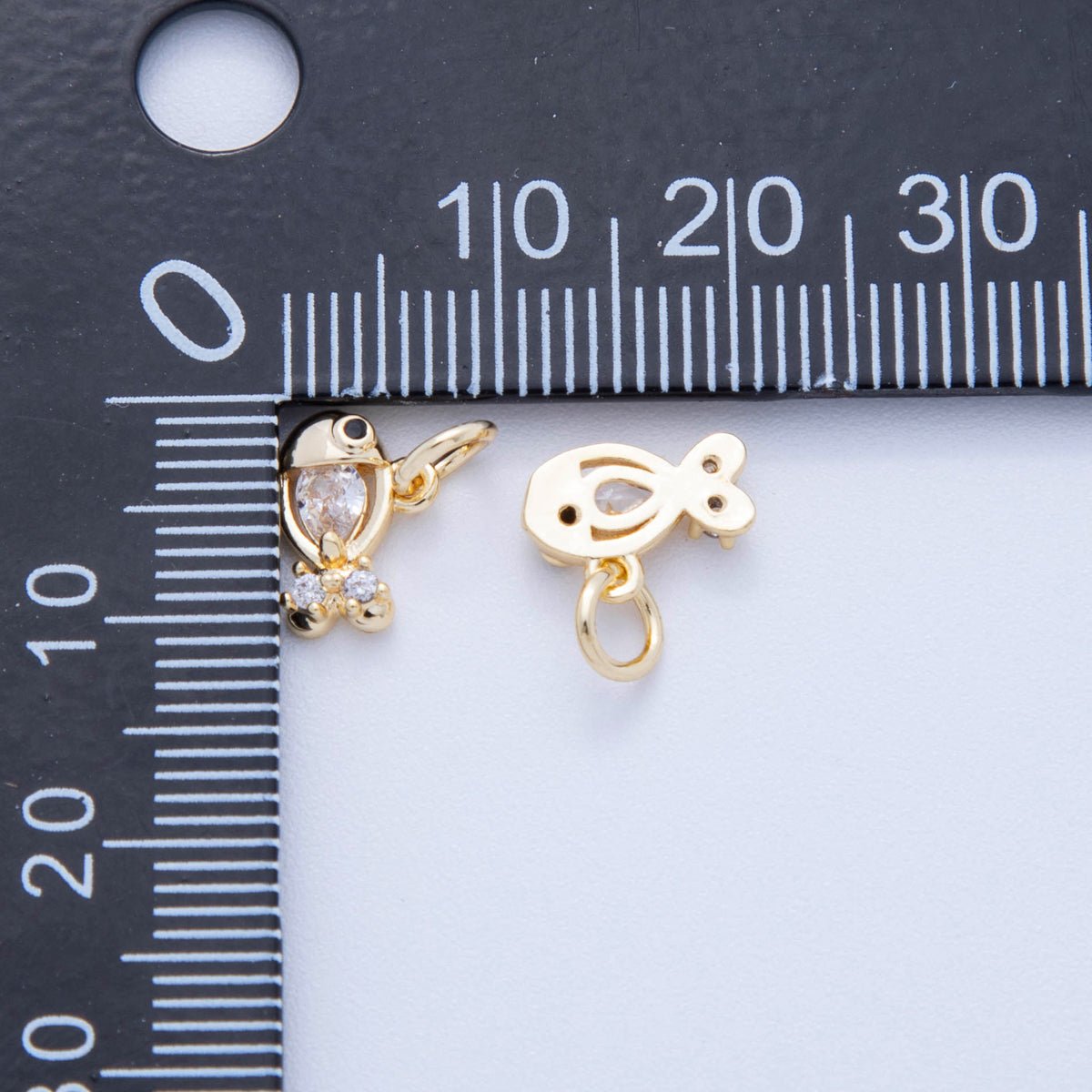 18K Gold Filled 11mm Clear & Black CZ Tiny Fish Charm | AF822 - DLUXCA