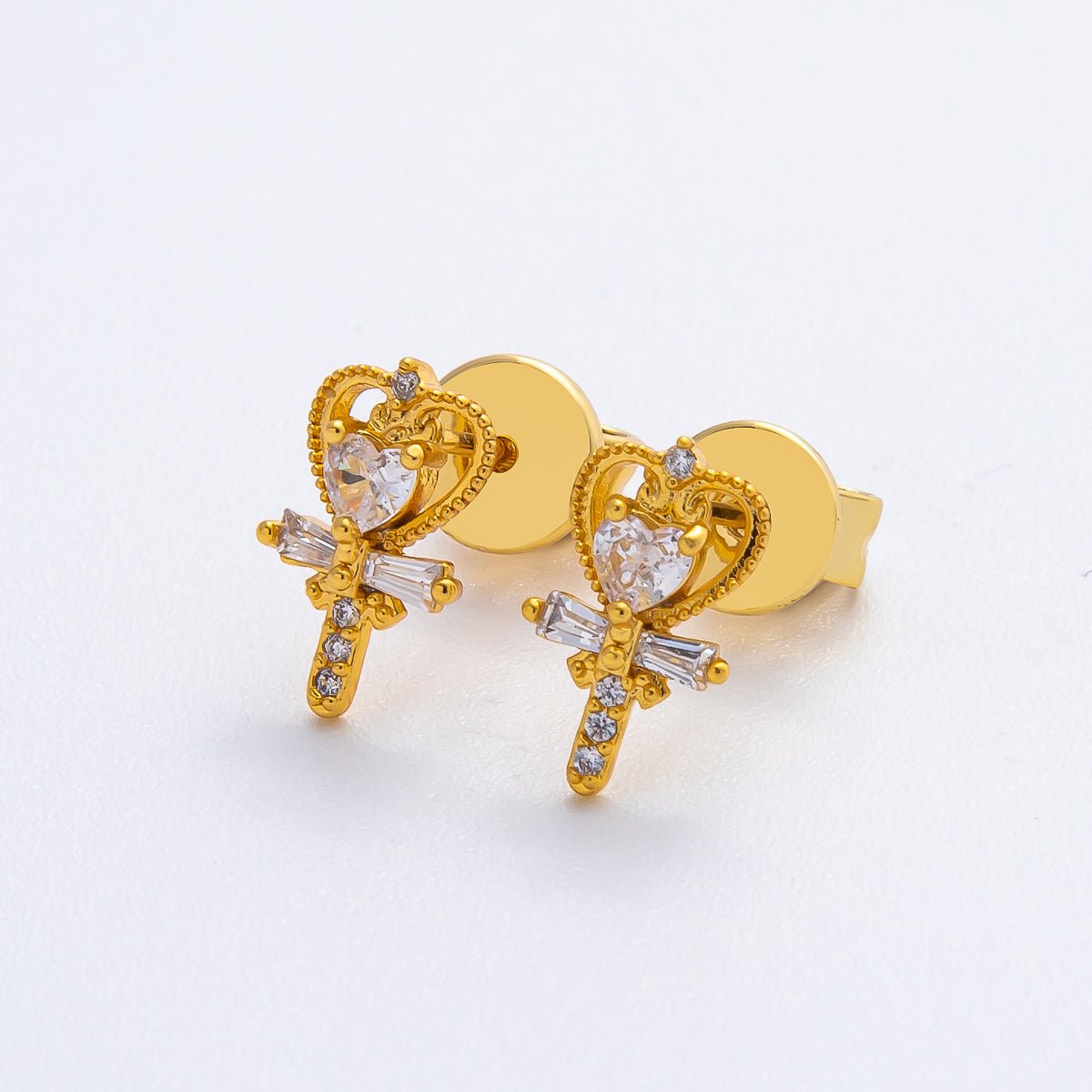 18K Gold Filled 11mm Heart - Shaped CZ Fairy Magic Wand Heart Studs Earrings | AD1573 - DLUXCA