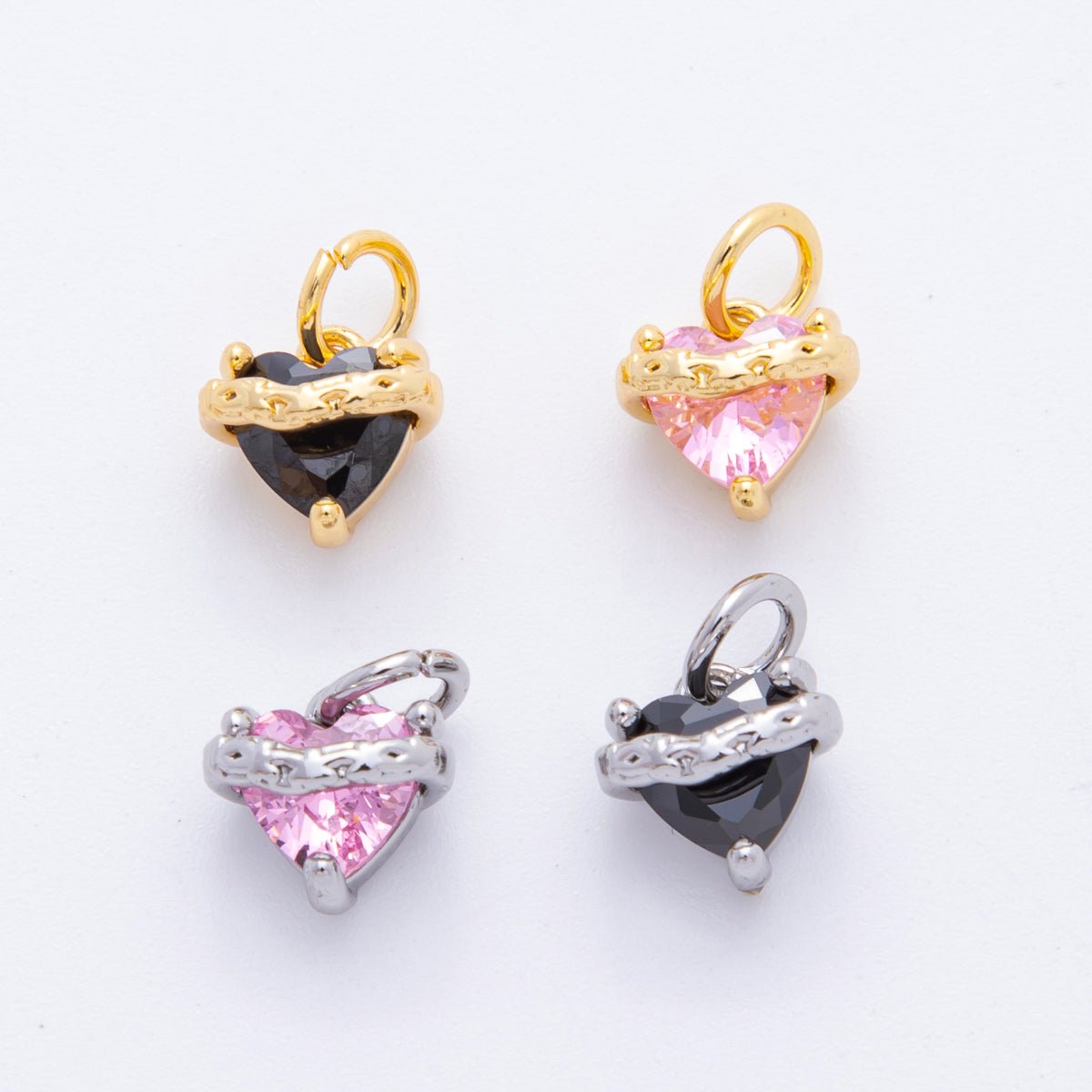 18K Gold Filled 11mm Pink & Black Heart - Shaped CZ Rustic Style Charm in Gold & Silver | C639 C702 - DLUXCA