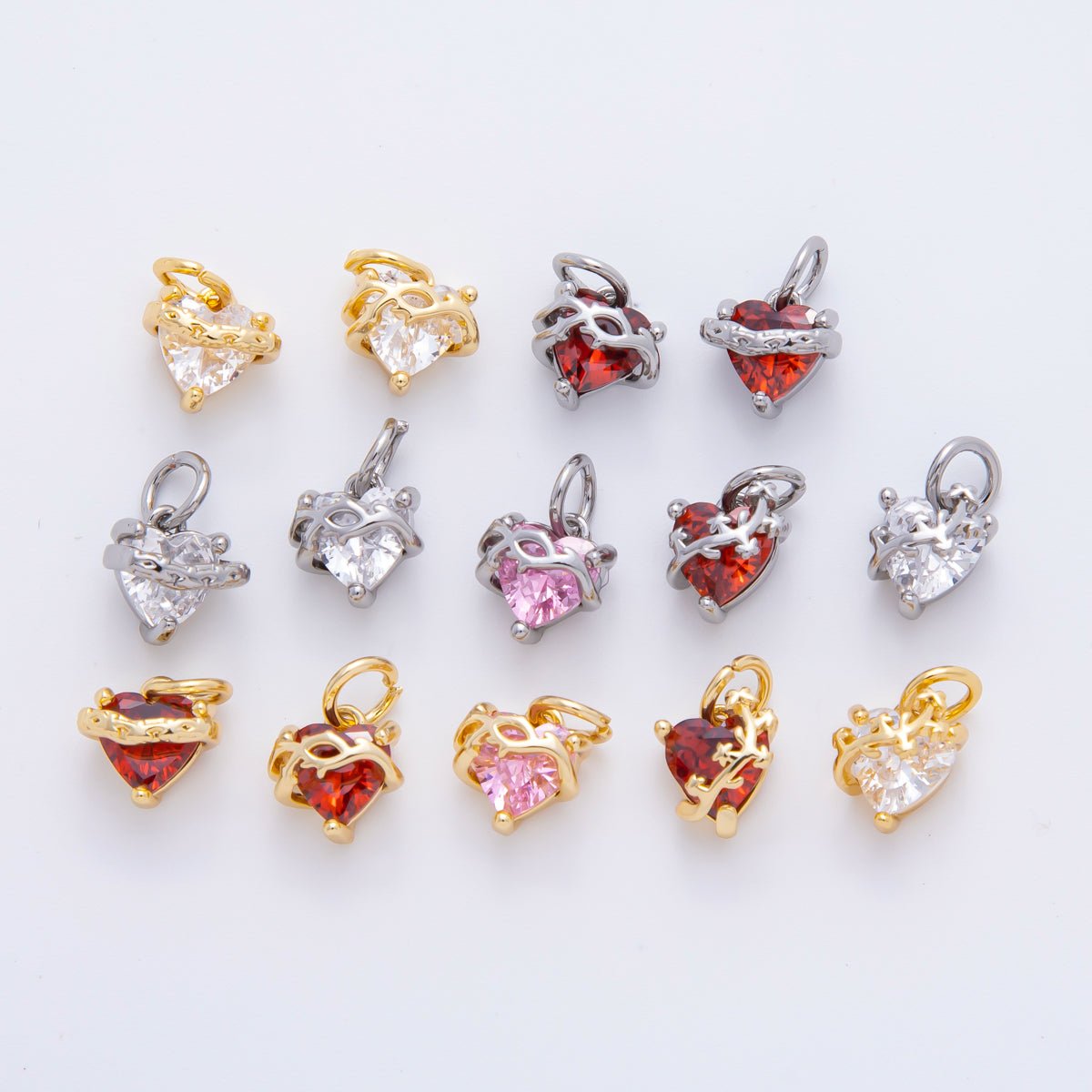18K Gold Filled 11mm Pink, Red, & Clear Heart CZ Vine Wrapped Love Pendant in Gold & Silver | AH - 937 - AH - 939 - DLUXCA