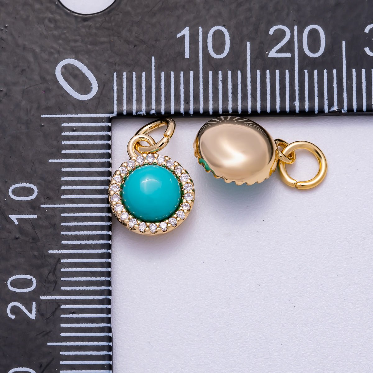 18K Gold Filled 11mm Turquoise Micro Paved CZ Round Bezel Mini Charm | Charms - 00551 - DLUXCA