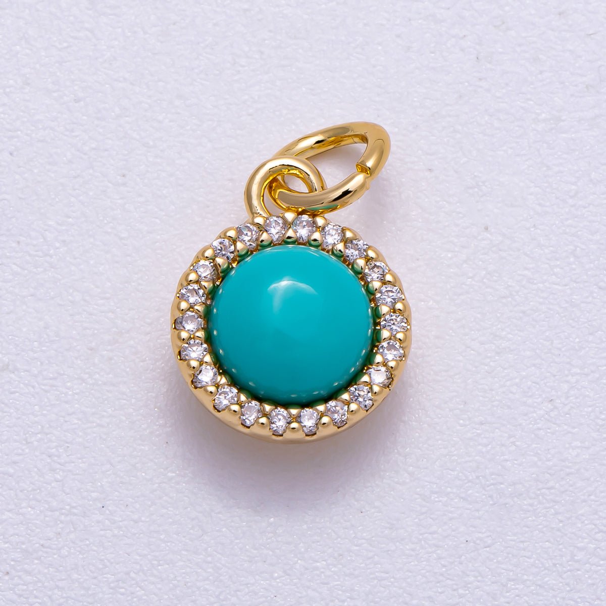 18K Gold Filled 11mm Turquoise Micro Paved CZ Round Bezel Mini Charm | Charms - 00551 - DLUXCA