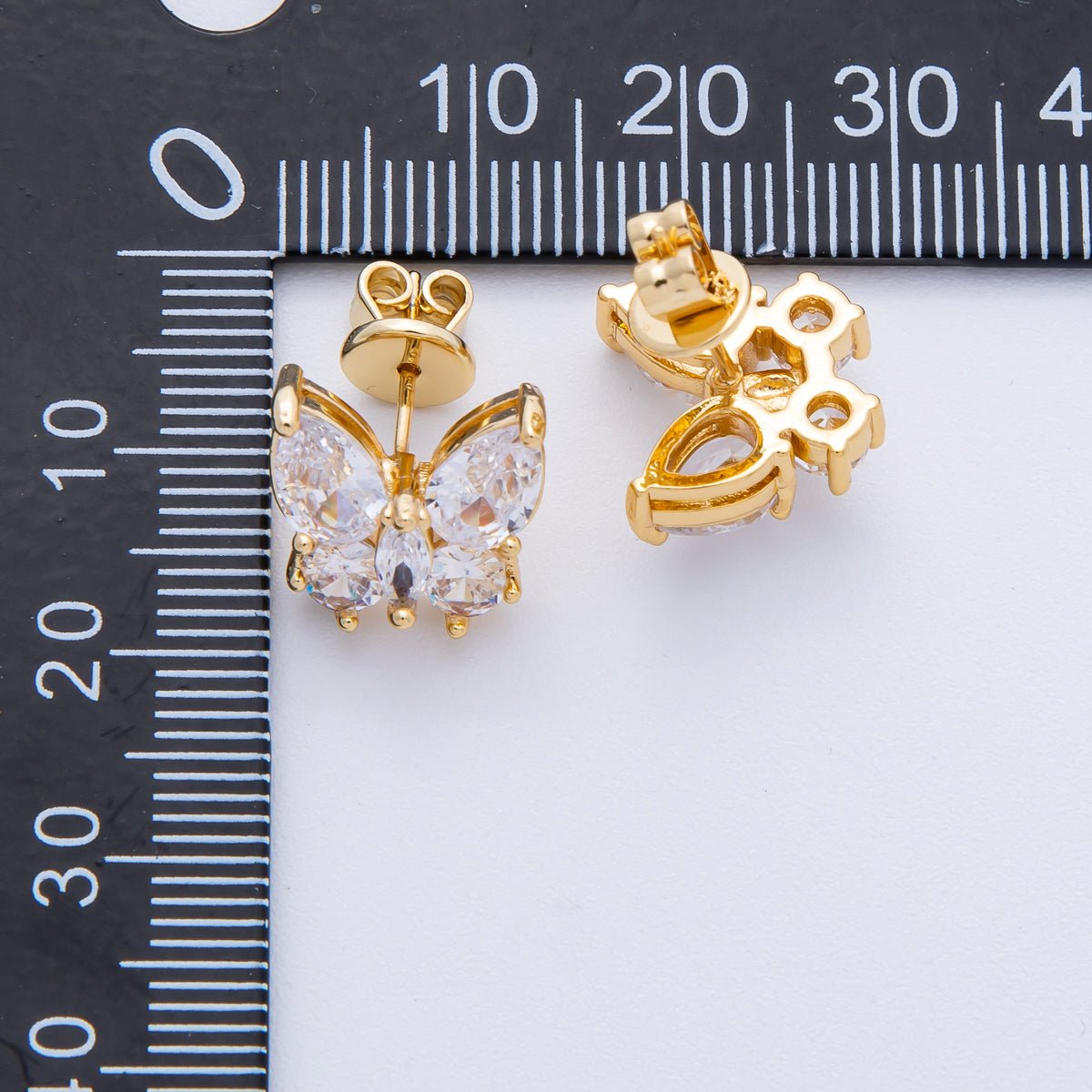 18K Gold Filled 12.5mm Clear CZ Butterfly Stud Earrings | Earrings - 00125 - DLUXCA