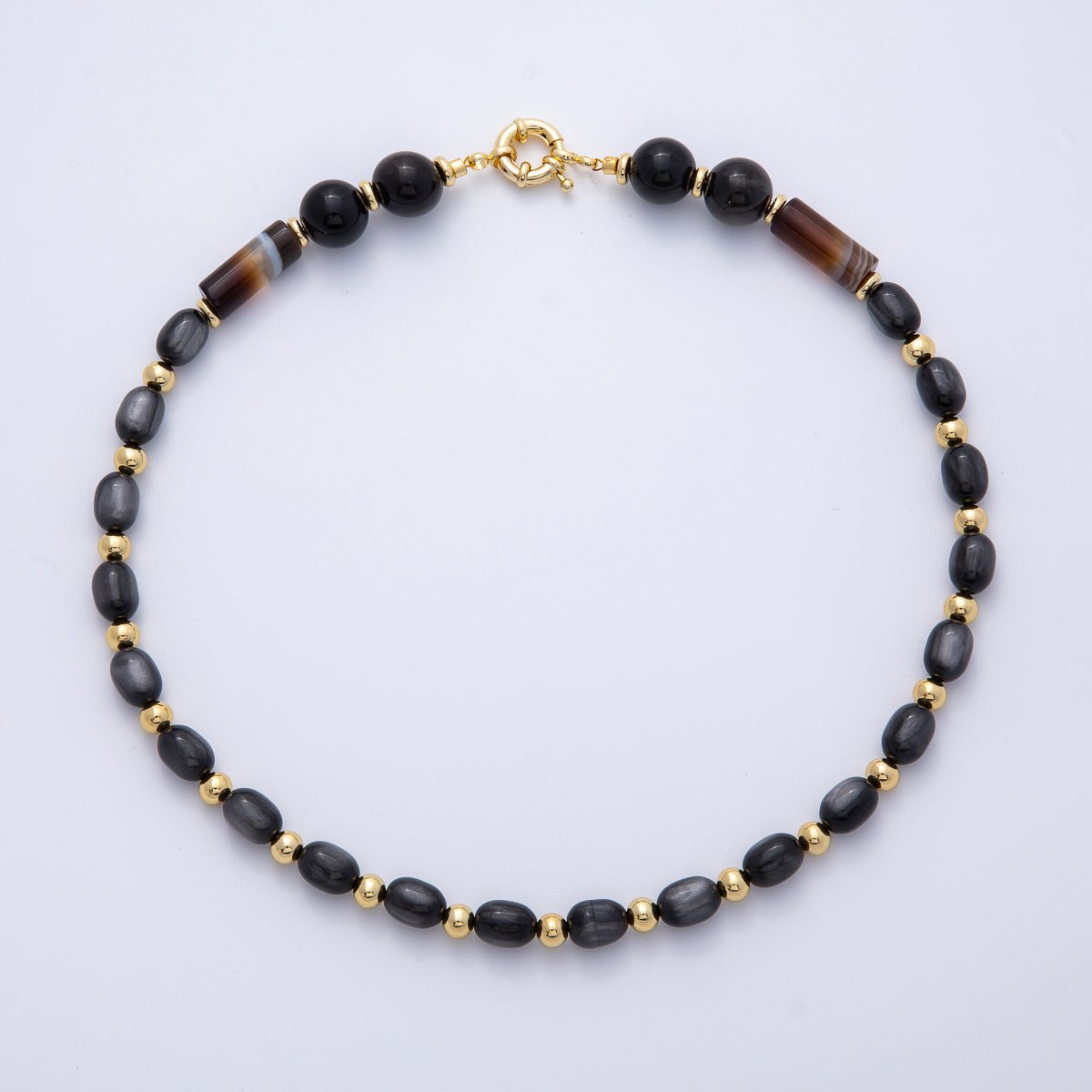 18K Gold Filled 12mm Black Onyx Nero Marquina Pebble Round Bead 18.5 Inch Necklace w. Sailor Clasps | WA - 04135 - DLUXCA