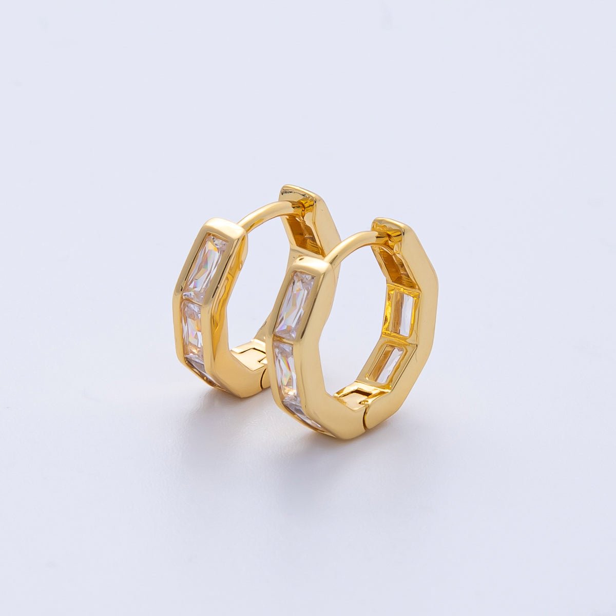 18K Gold Filled 12mm Clear CZ Baguette Huggie Earrings | Earrings - 00056 - DLUXCA