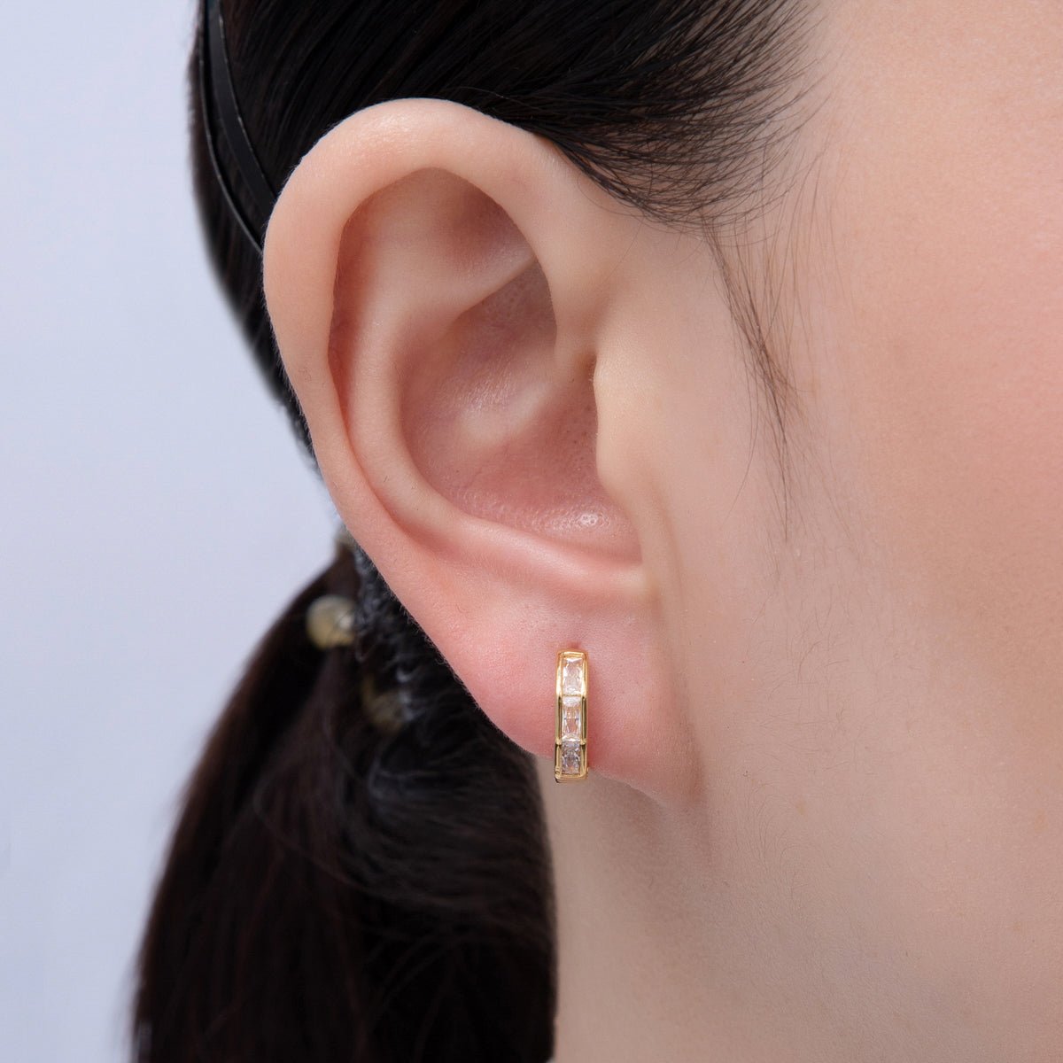 18K Gold Filled 12mm Clear CZ Baguette Huggie Earrings | Earrings - 00056 - DLUXCA