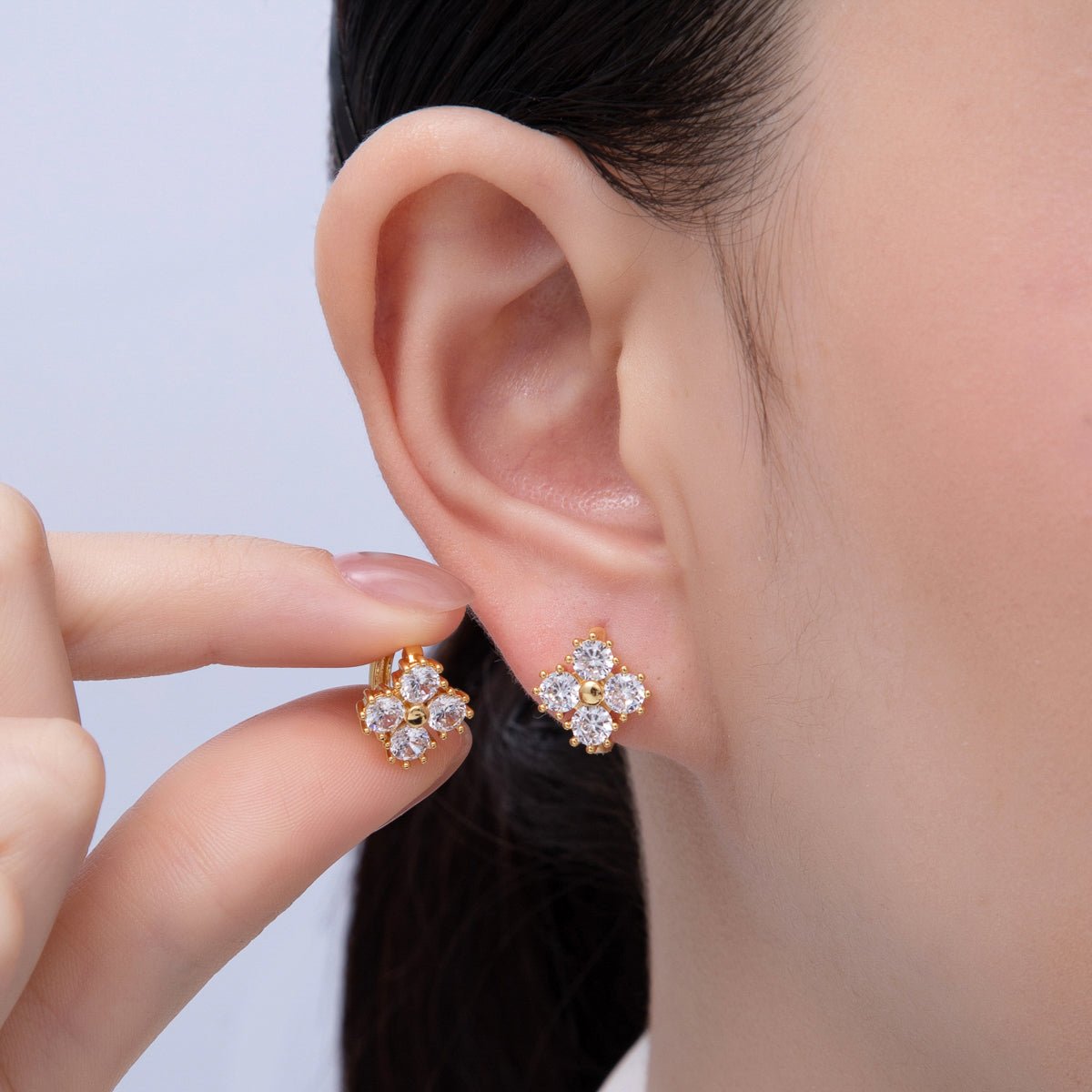 18K Gold Filled 12mm Clear CZ Clover Huggie Earrings | Earrings - 00053 - DLUXCA