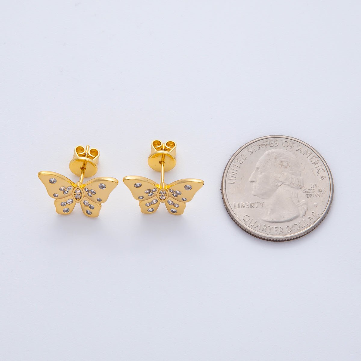 18K Gold Filled 12mm Clear CZ Dotted Butterfly Stud Earrings | AD1622 - DLUXCA