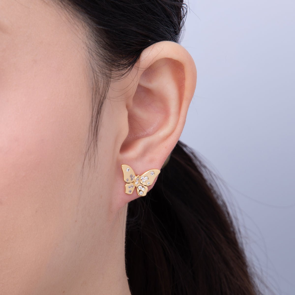 18K Gold Filled 12mm Clear CZ Dotted Butterfly Stud Earrings | AD1622 - DLUXCA