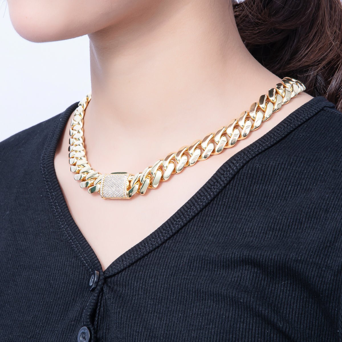 18K Gold Filled 12mm Curb Chain Micro Paved Clasps 17.3 , 17.7 Inch Necklace | WA - 3945 - DLUXCA