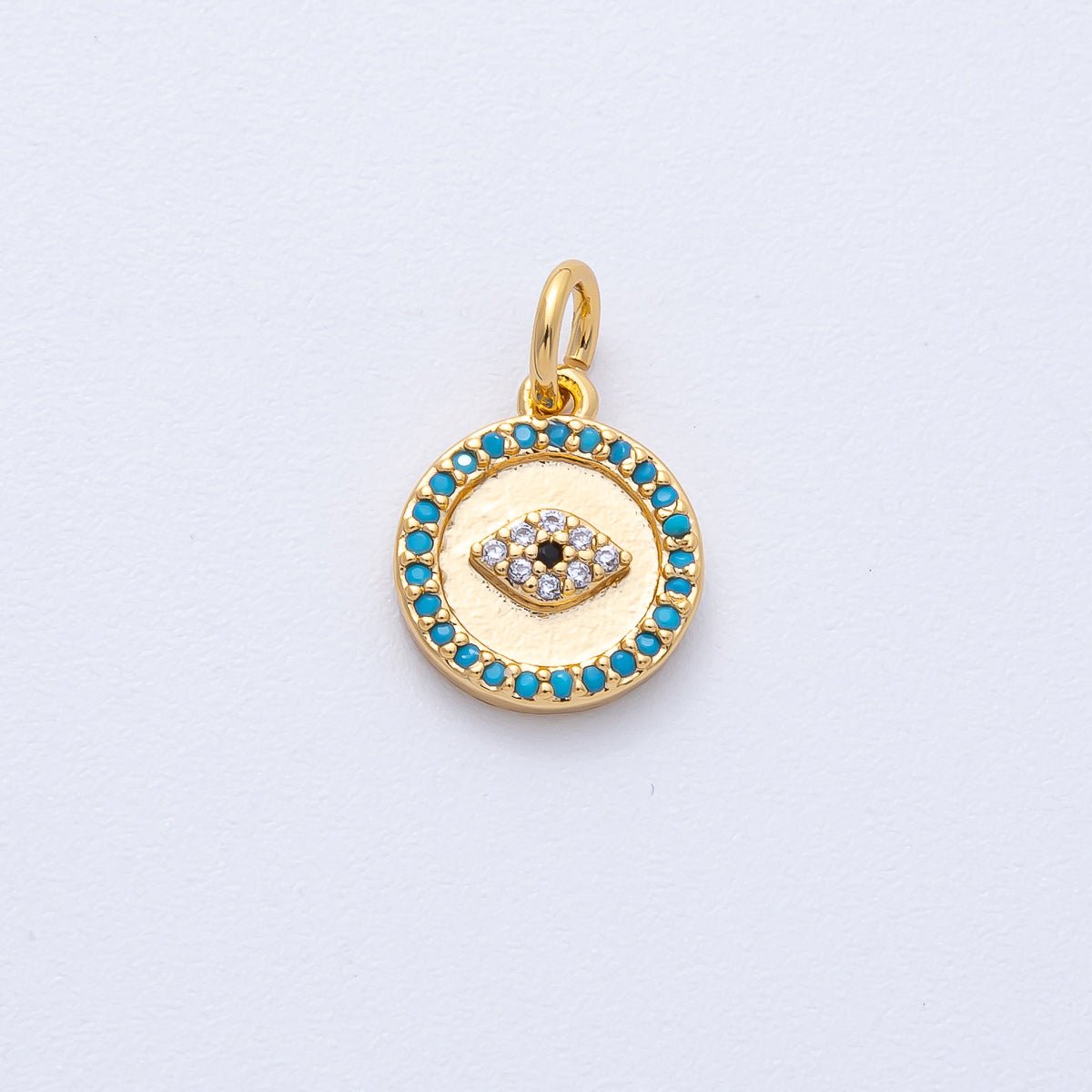 18K Gold Filled 12mm Mini Turquoise Micro Paved CZ Evil Eye Round Charm | AK187 - DLUXCA