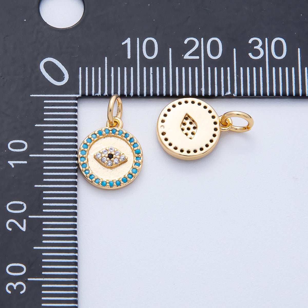 18K Gold Filled 12mm Mini Turquoise Micro Paved CZ Evil Eye Round Charm | AK187 - DLUXCA