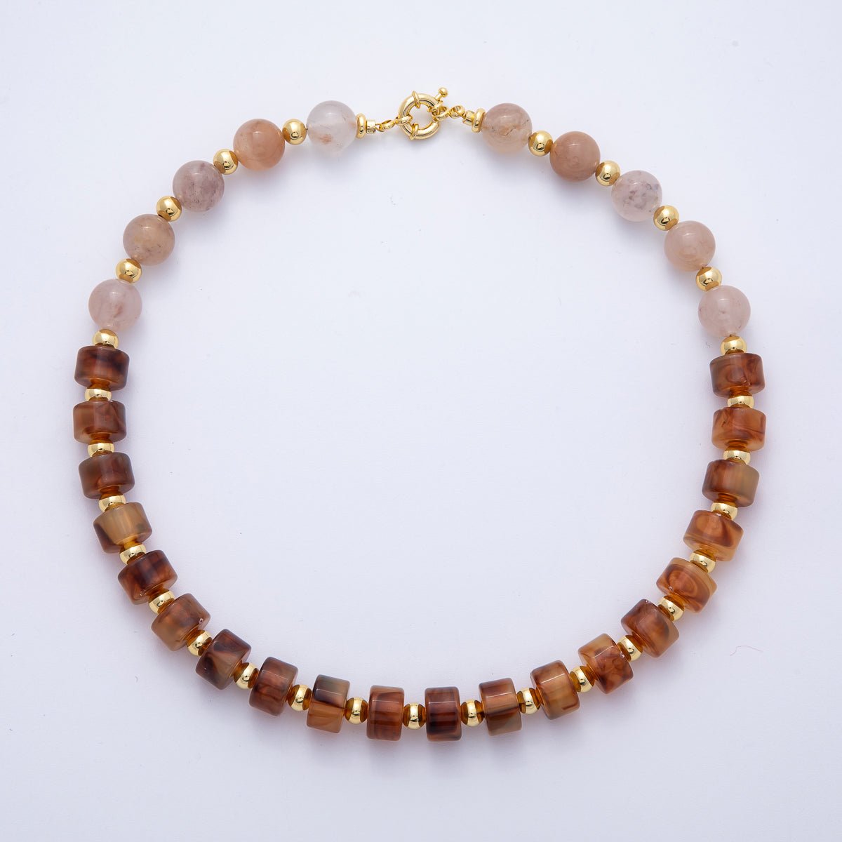 18K Gold Filled 12mm Orange Citrine Rose Quartz Tube Round Bead 18.3 Inch w. Sailor Clasps | WA - 4132 - DLUXCA