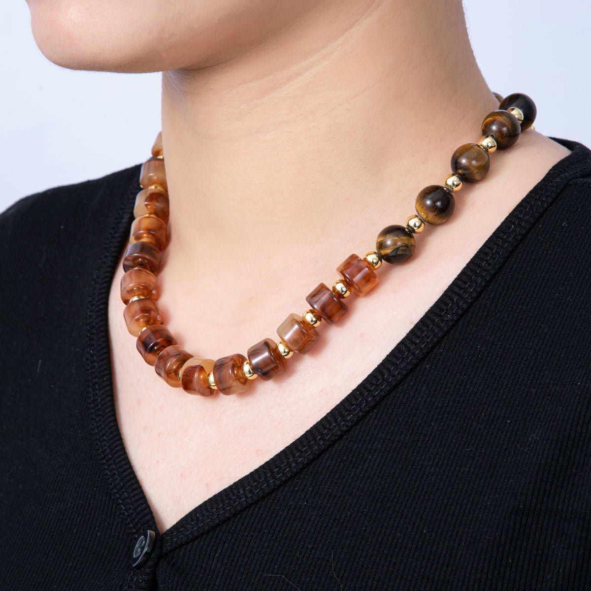 18K Gold Filled 12mm Orange Citrine Tiger Eye Tube Round Bead 18.5 Inch w. Sailor Clasps | WA - 4131 - DLUXCA
