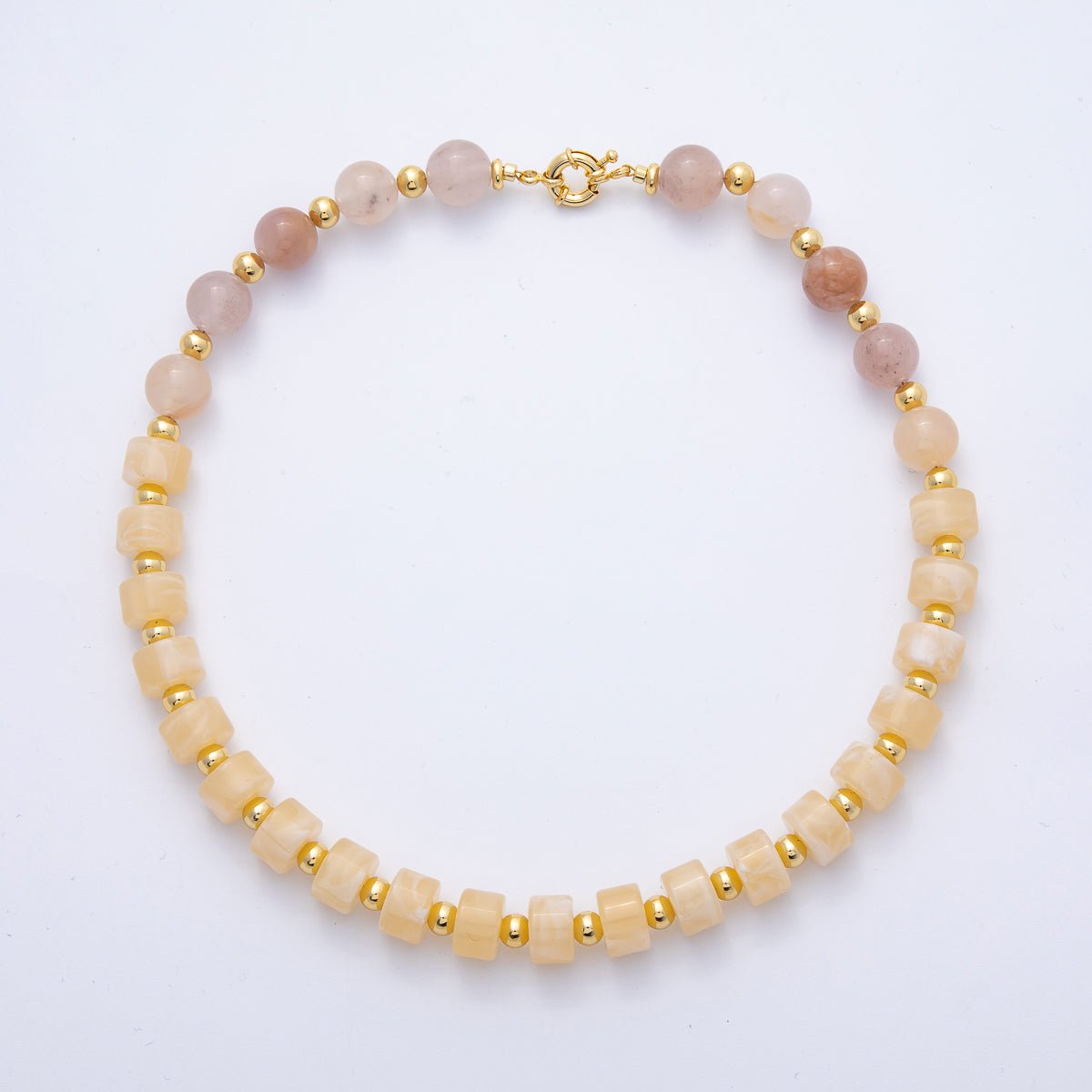18K Gold Filled 12mm Yellow Citrine Rose Quartz Tube Round Bead 18.3 Inch w. Sailor Clasps | WA - 4130 - DLUXCA