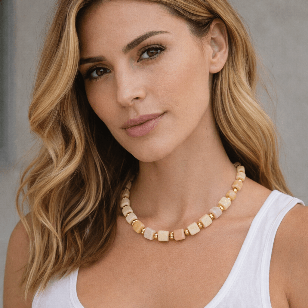 18K Gold Filled 12mm Yellow Citrine Rose Quartz Tube Round Bead 18.3 Inch w. Sailor Clasps | WA - 4130 - DLUXCA