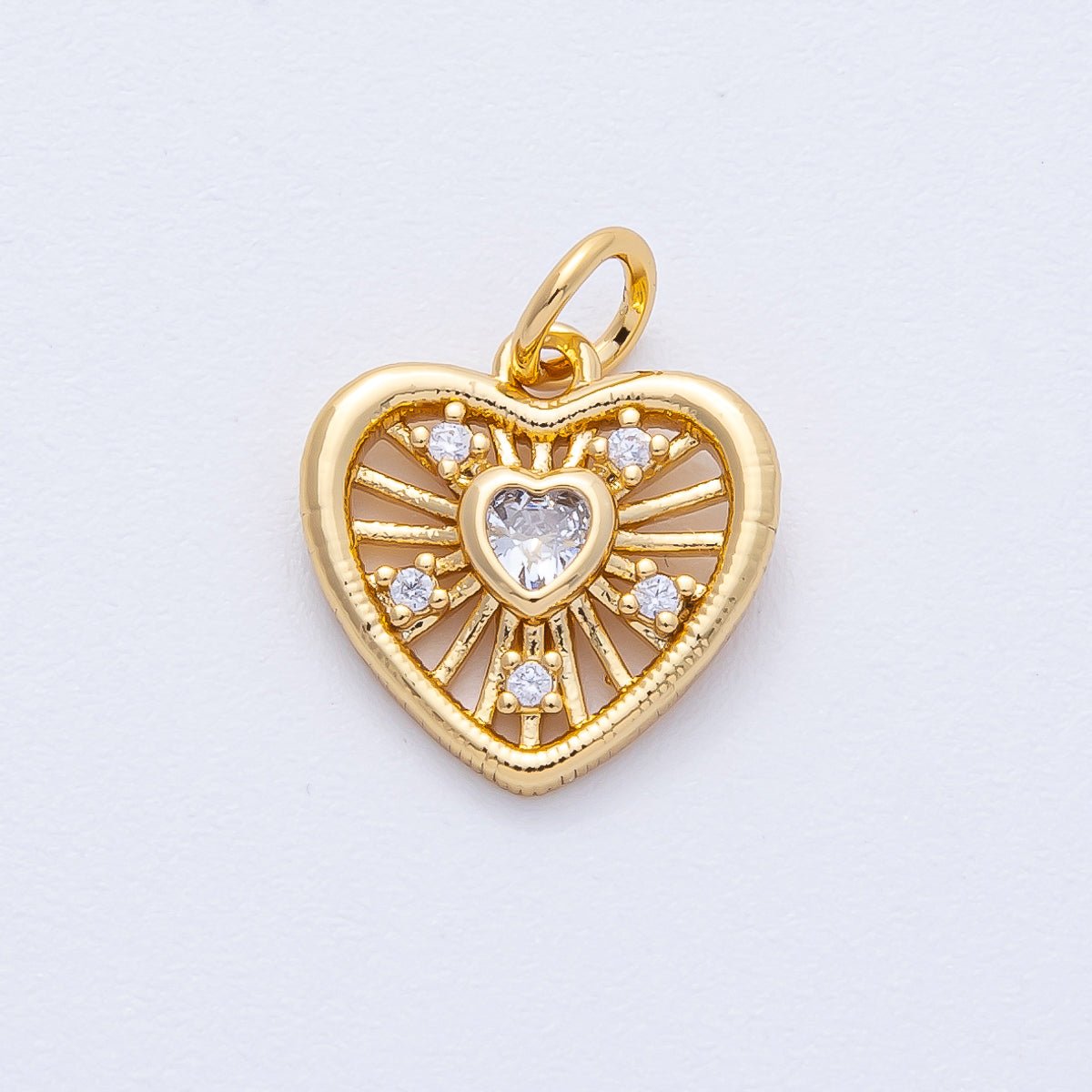 18K Gold Filled 13.5mm Clear CZ Sunburst Heart Mini Charm | AK180 - DLUXCA