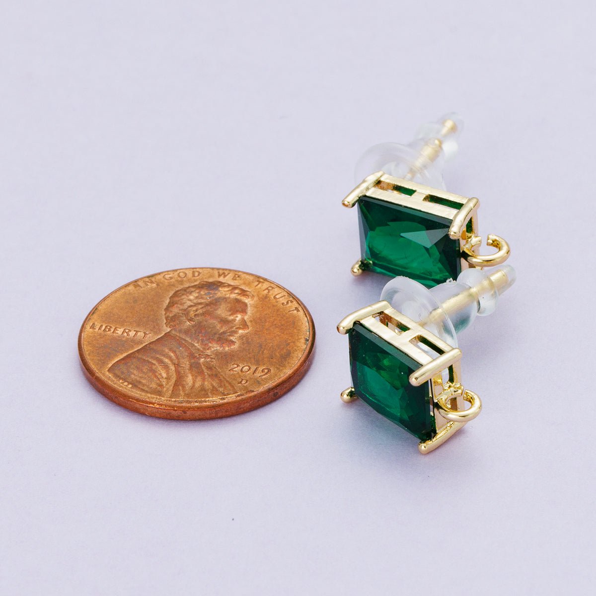 18K Gold Filled 13.5mm Green Baguette CZ Open Loop Drop Stud Earring | Findings - 00095 - DLUXCA