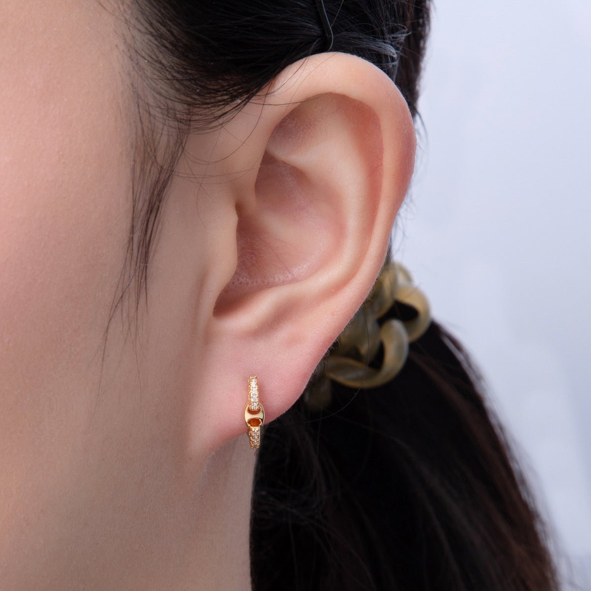 18K Gold Filled 13mm Micro Paved CZ Anchor Link Cartilage Huggie Earrings | AD1617 - DLUXCA