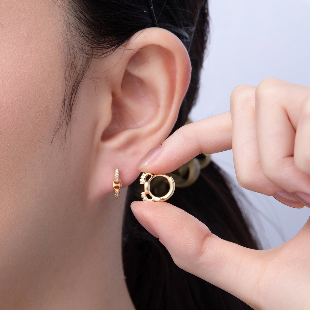 18K Gold Filled 13mm Micro Paved CZ Anchor Link Cartilage Huggie Earrings | AD1617 - DLUXCA