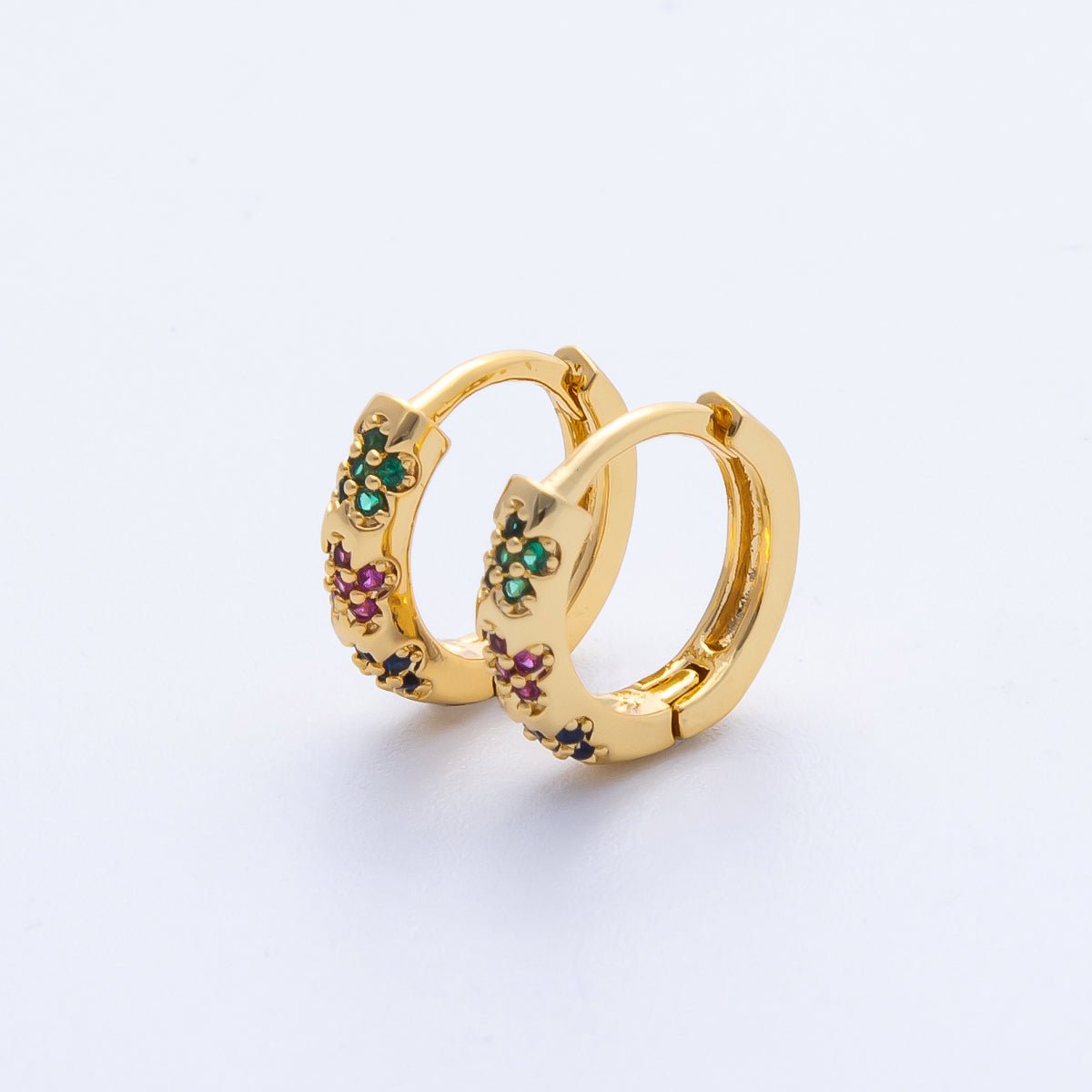 18K Gold Filled 13mm Multicolor Micro Paved CZ Flower Huggie Earrings | Earrings - 00057 - DLUXCA