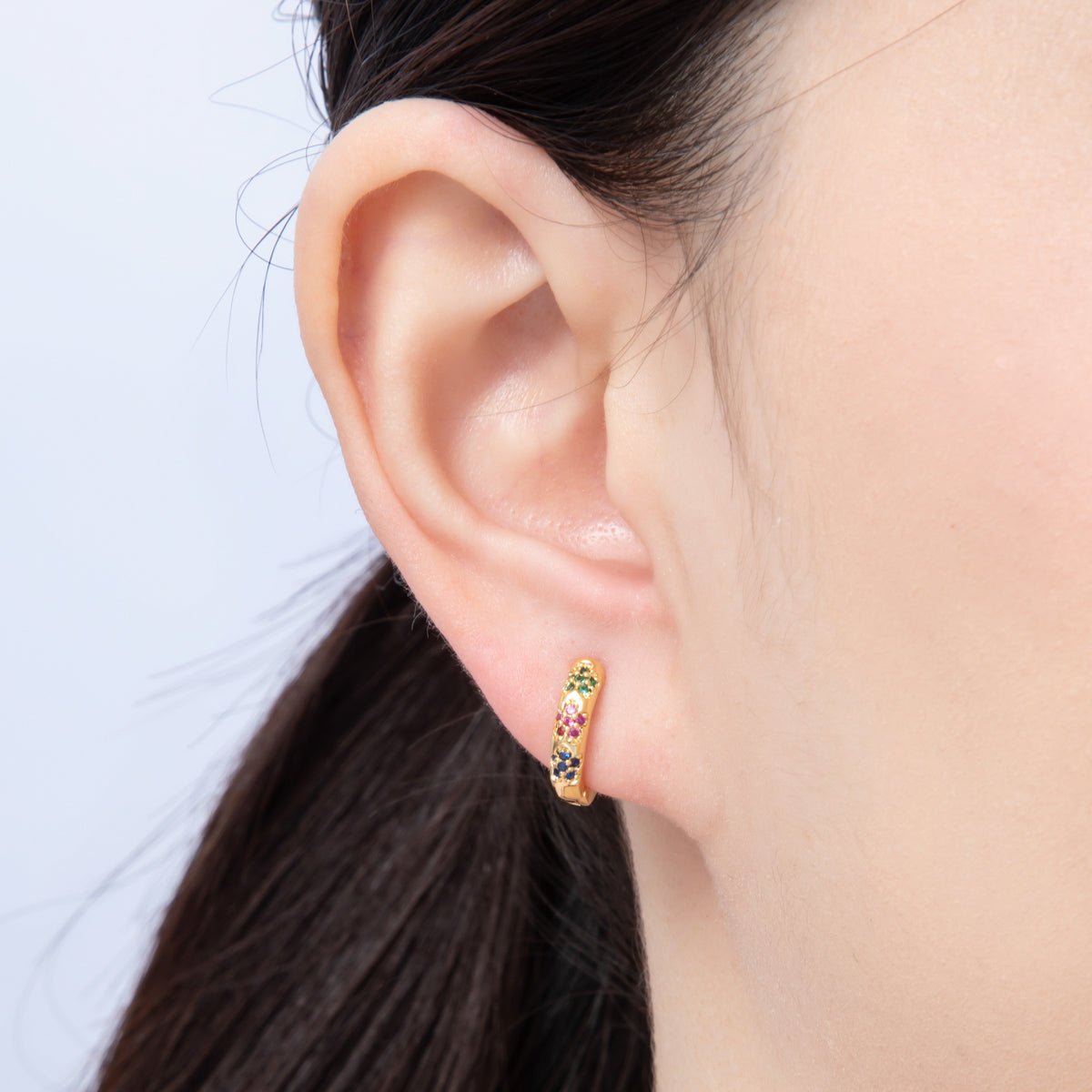 18K Gold Filled 13mm Multicolor Micro Paved CZ Flower Huggie Earrings | Earrings - 00057 - DLUXCA