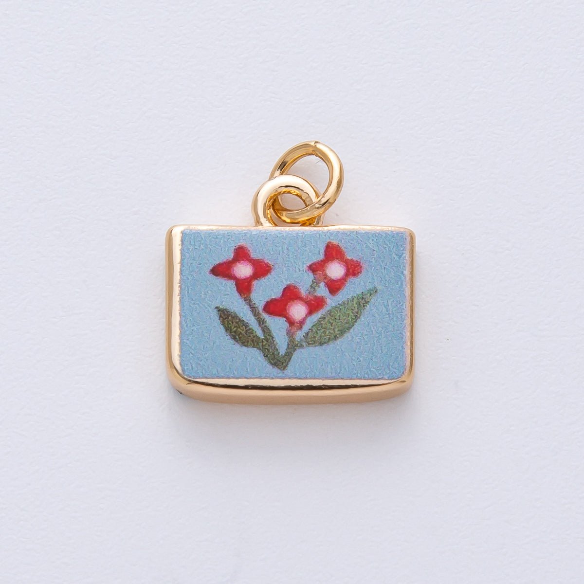 18K Gold Filled 13mm Red Flower Blue Rectangular Charm | AF1609 - DLUXCA
