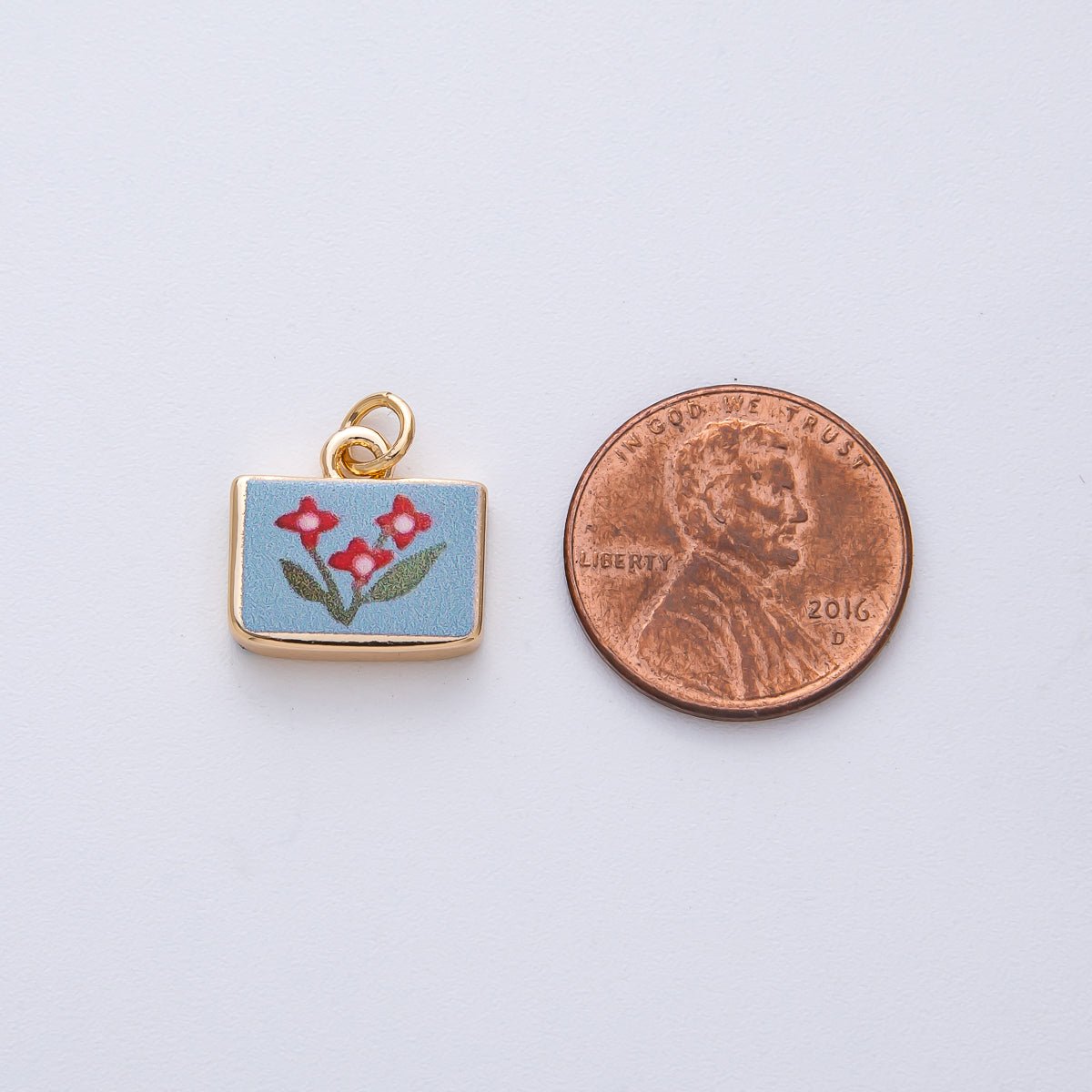 18K Gold Filled 13mm Red Flower Blue Rectangular Charm | AF1609 - DLUXCA