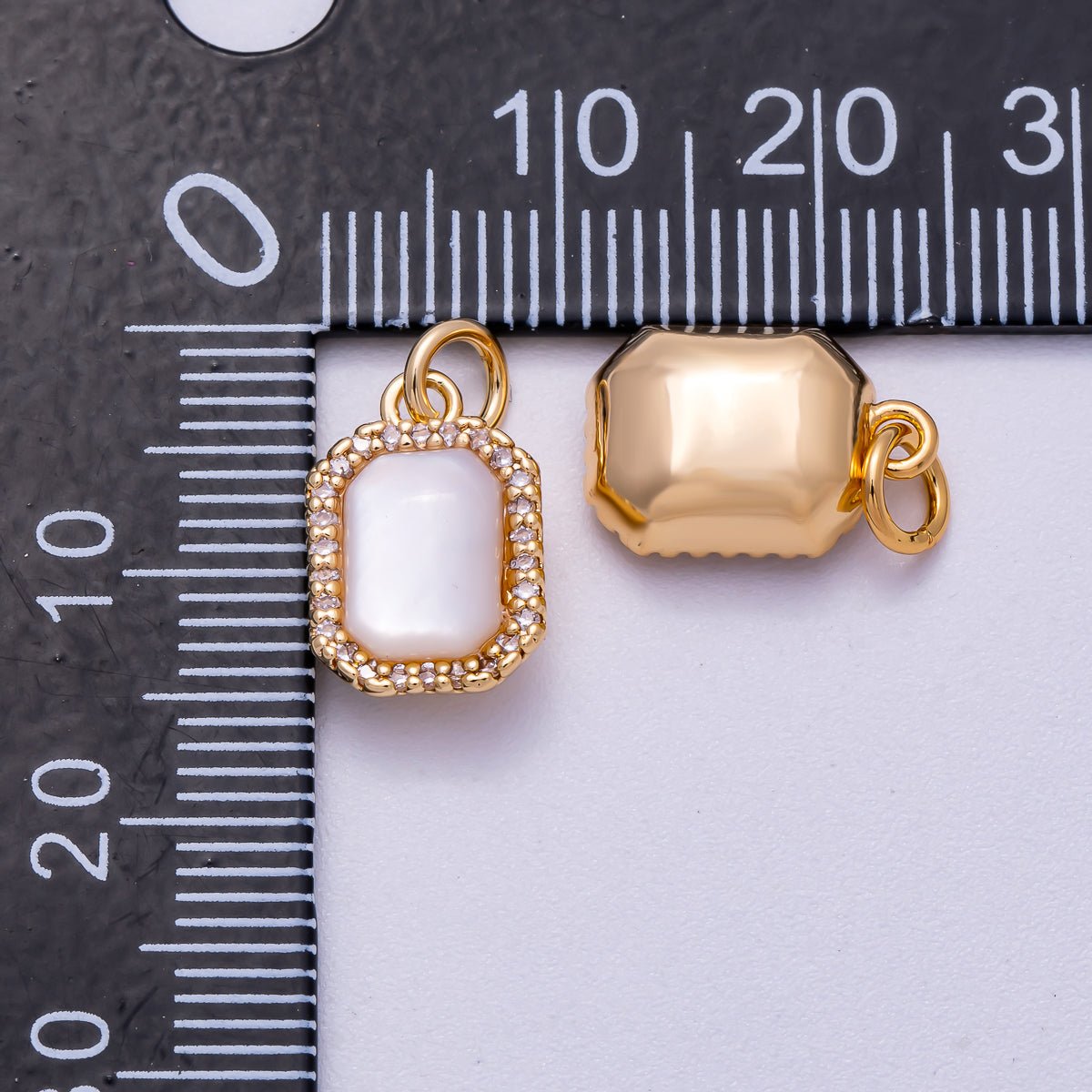 18K Gold Filled 13mm White Shell Pearl Micro Paved CZ Rectangle Bezel Mini Charm | Charms - 00552 - DLUXCA