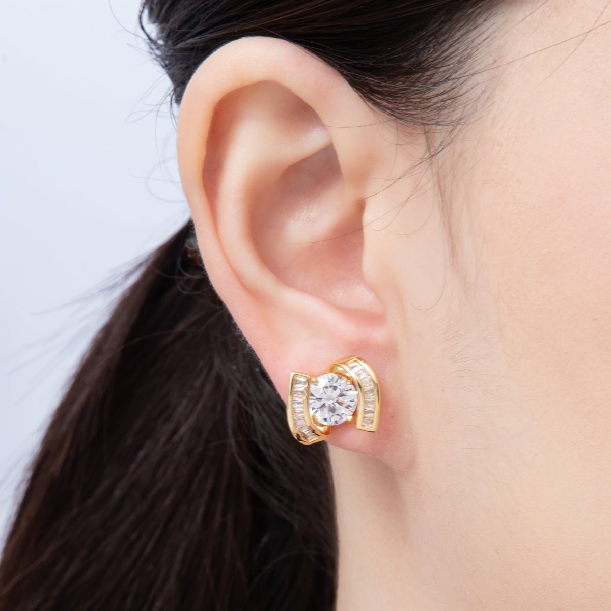 18K Gold Filled 14.5mm Clear CZ Round Baguette Stud Earrings | Earrings - 00124 - DLUXCA