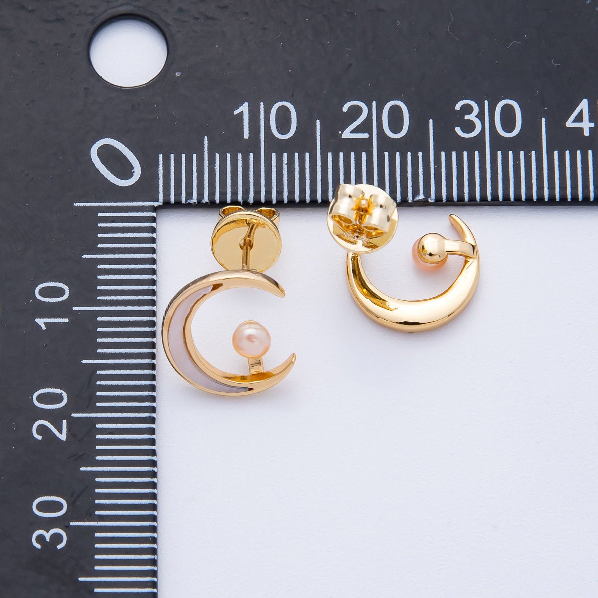 18K Gold Filled 14mm Celestial Crescent Moon Shell Pearl Stud Earrings | AB1675 - DLUXCA