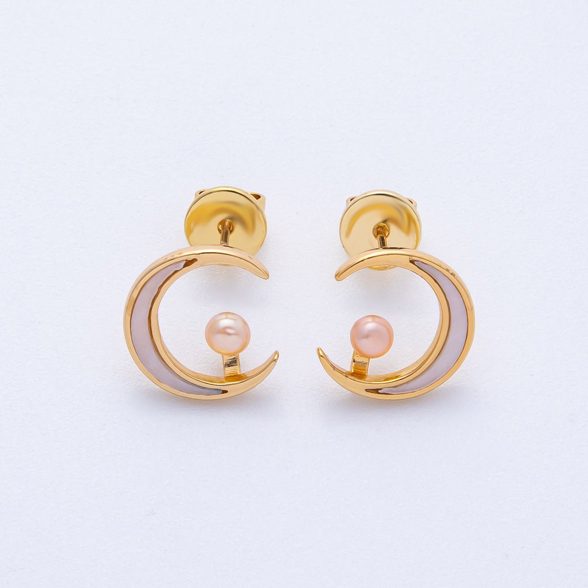 18K Gold Filled 14mm Celestial Crescent Moon Shell Pearl Stud Earrings | AB1675 - DLUXCA