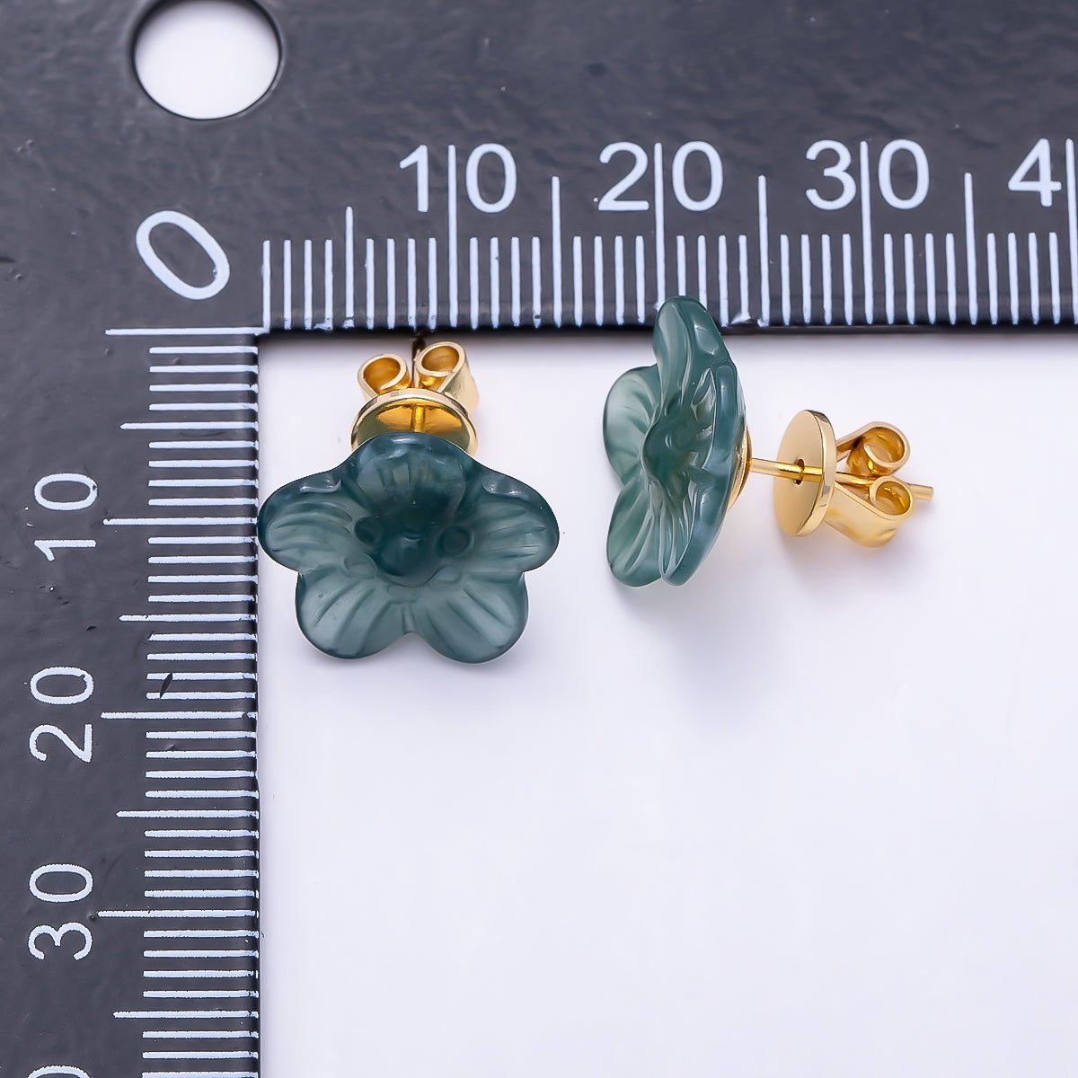 18K Gold Filled 14mm Green Aventurine Flower Stud Earrings | Earrings-00704 - DLUXCA