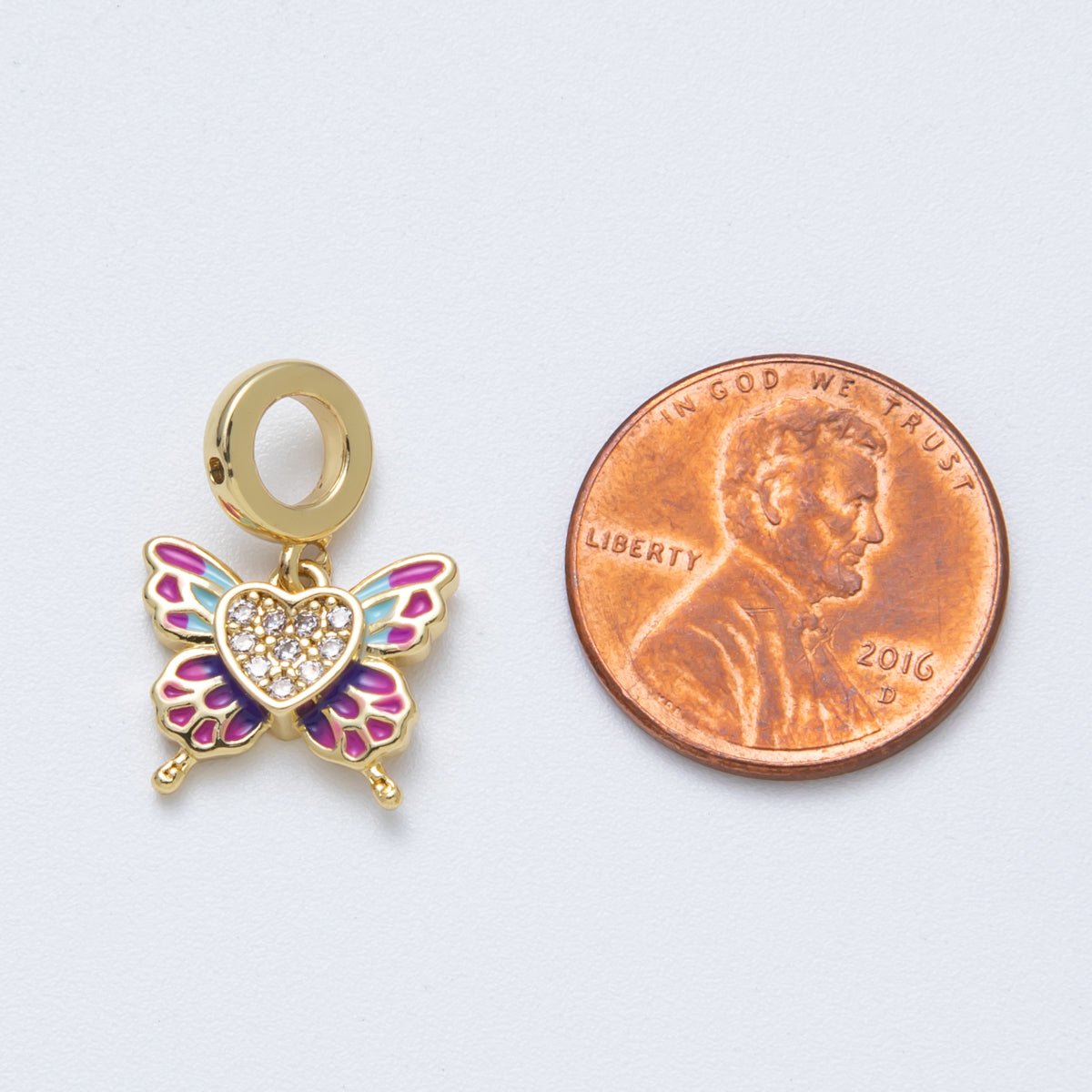 18K Gold Filled 14mm Heart Butterfly Micro Paved CZ Enamel Rondelle Drop Pendant | Charms - 00147 - DLUXCA