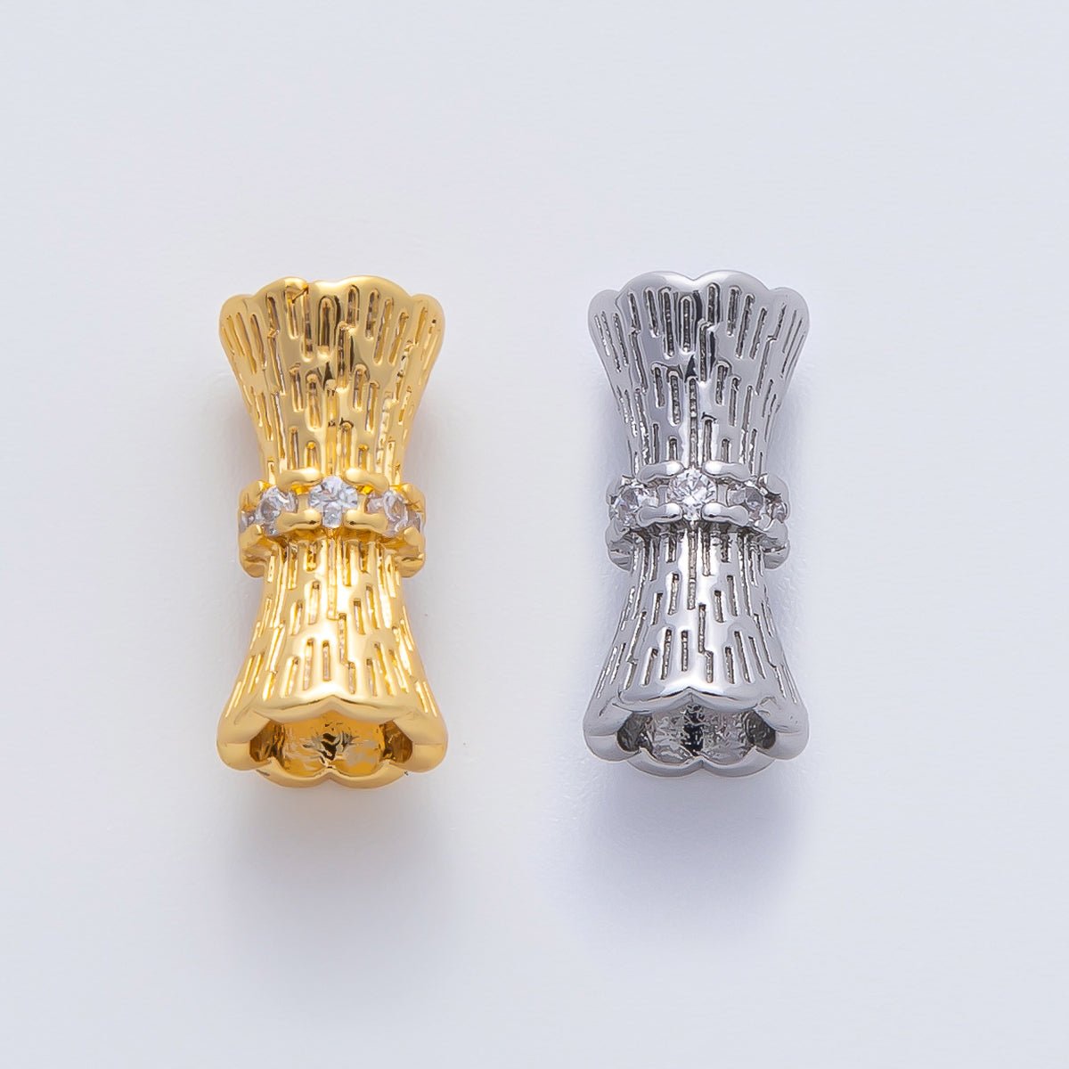 18K Gold Filled 14mm Micro Paved CZ Hourglass Tube Spacer Bead in Gold & Silver | B035 - DLUXCA