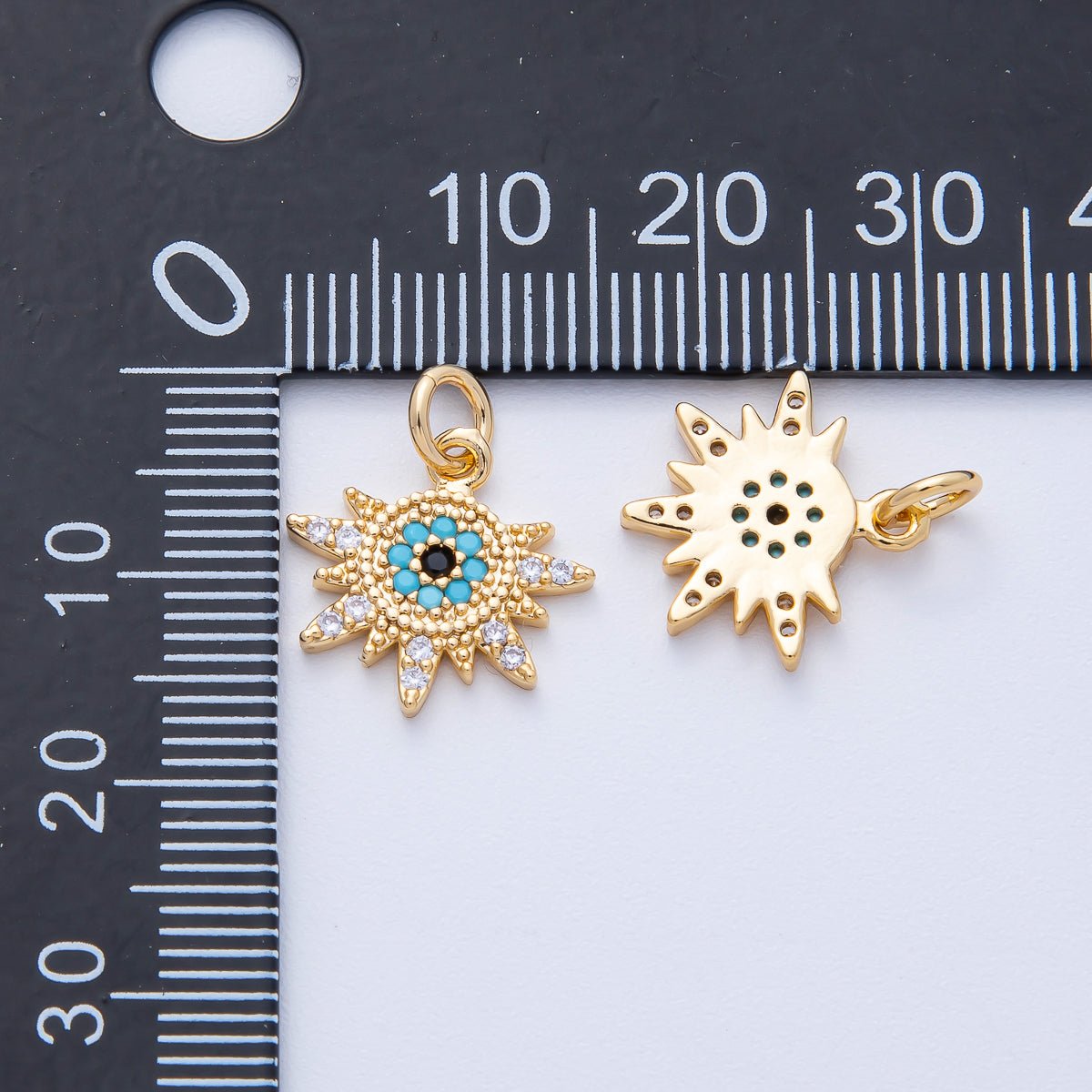 18K Gold Filled 14mm Micro Paved CZ Turquoise Evil Eye Celestial Sun Ray Burst Charm | AK200 - DLUXCA