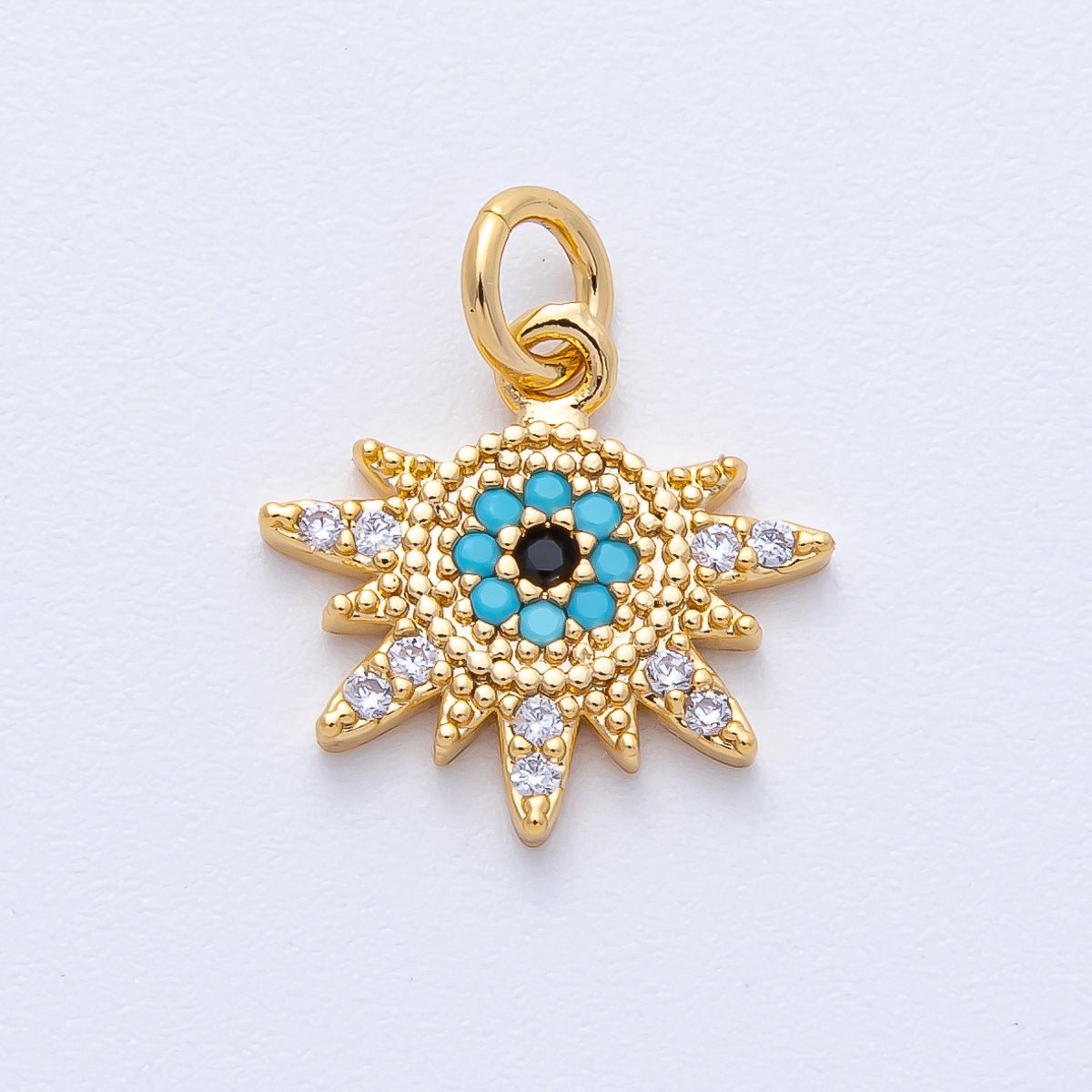18K Gold Filled 14mm Micro Paved CZ Turquoise Evil Eye Celestial Sun Ray Burst Charm | AK200 - DLUXCA