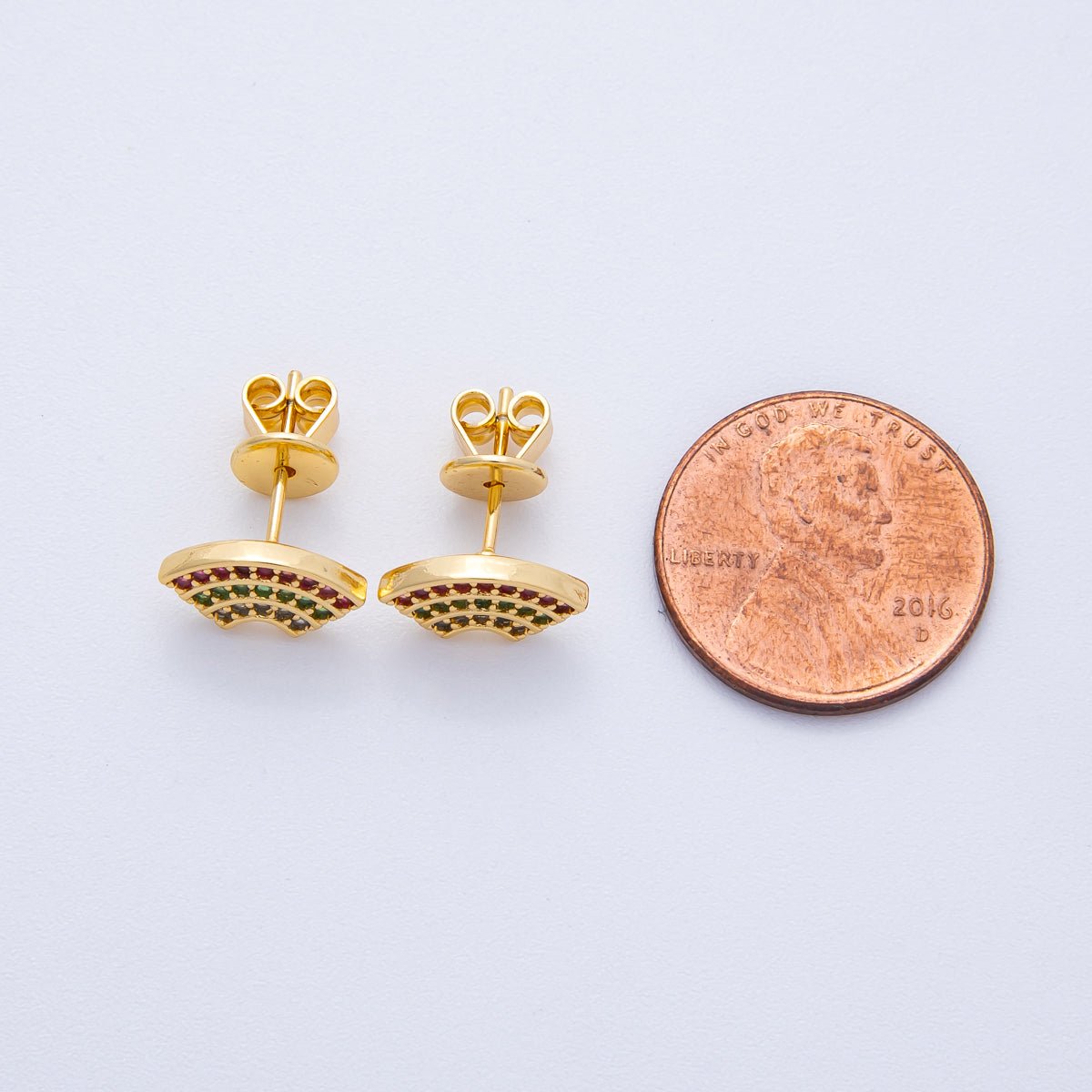 18K Gold Filled 14mm Multicolor Micro Paved CZ Fan Stud Earrings | Earrings - 00106 - DLUXCA