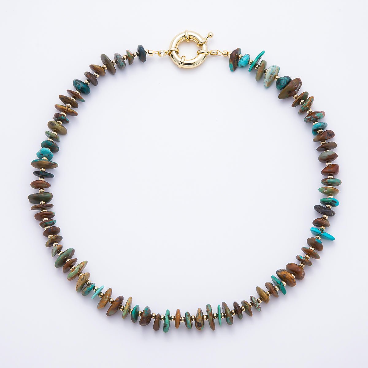 18K Gold Filled 14mm Natural Mixed Turquoise & Boulder Matrix Disc Beaded 19 Inch Necklace | WA-00310 - DLUXCA