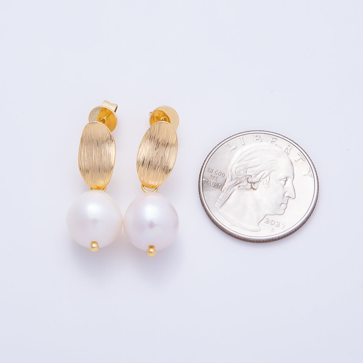 18K Gold Filled 14mm Shell Pearl Round Textured Drop Stud Earrings | Earrings-00468 - DLUXCA