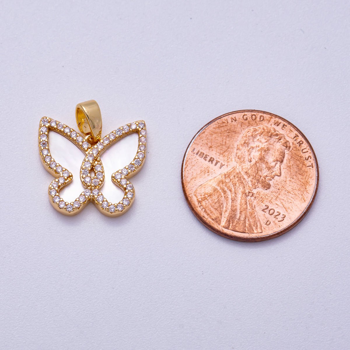 18K Gold Filled 14mm White Shell Pearl Micro Paved CZ Butterfly Bezel Mini Pendant | Charms - 00550 - DLUXCA
