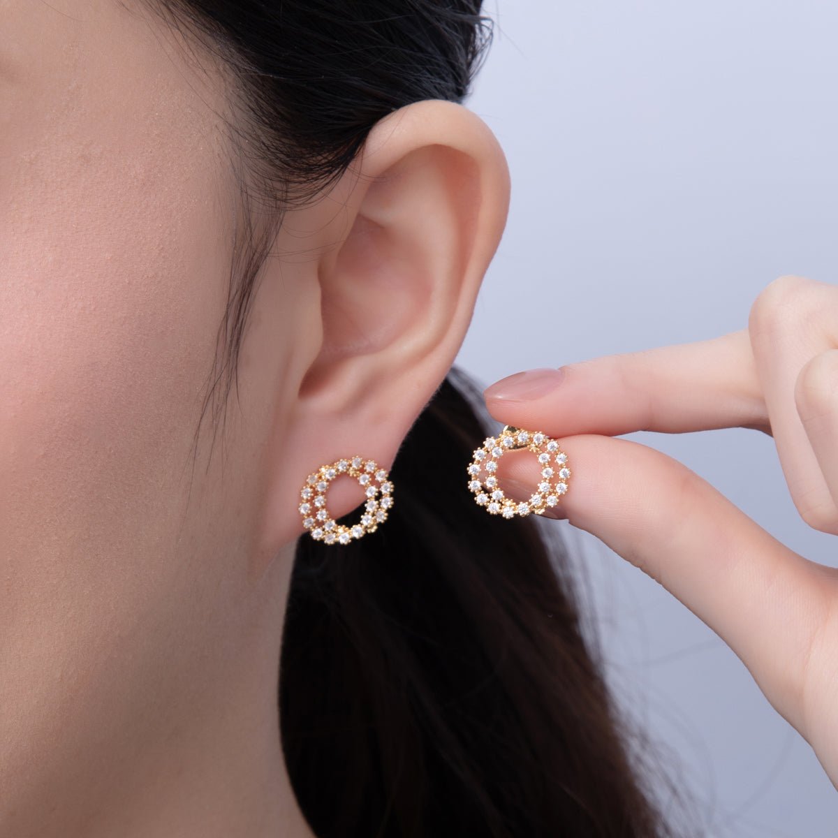 18K Gold Filled 15.5mm Clear CZ Double Circular Open Round Stud Earrings | AD1619 - DLUXCA