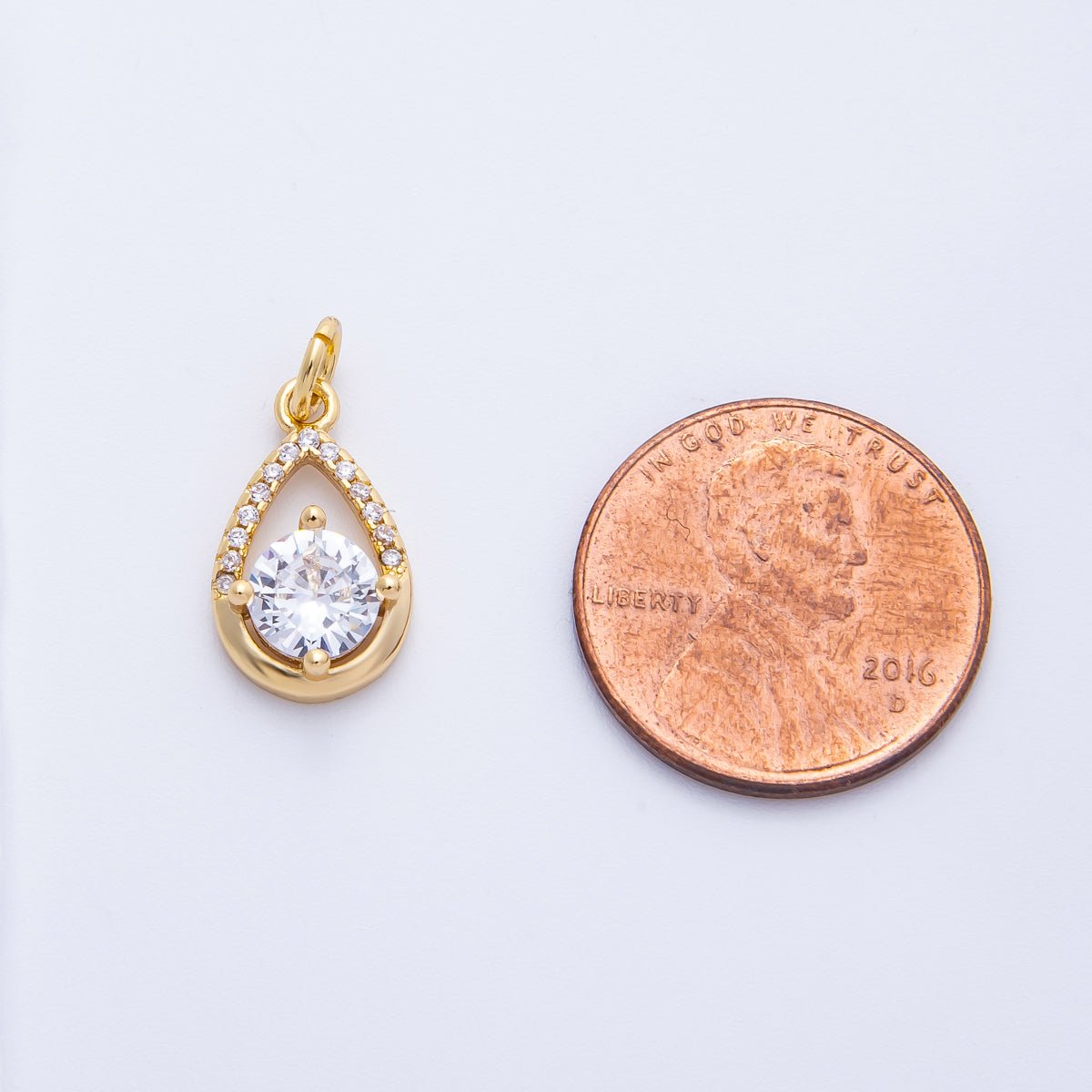 18K Gold Filled 15.5mm Clear Round CZ Micro Paved Open Teardrop Charm | Charms - 00412 - DLUXCA