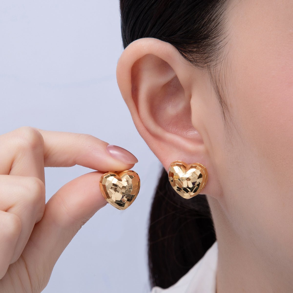 18K Gold Filled 15.5mm Multifaceted Heart Stud Earrings | AD1689 - DLUXCA