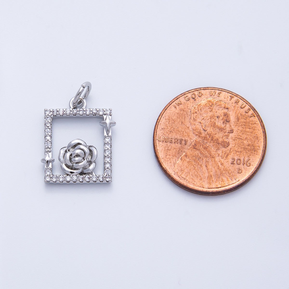 18K Gold Filled 15.5mm Rose Flower Open Micro Paved CZ Rectangle Charm in Gold & Silver | Charms - 00375 Charms - 00376 - DLUXCA