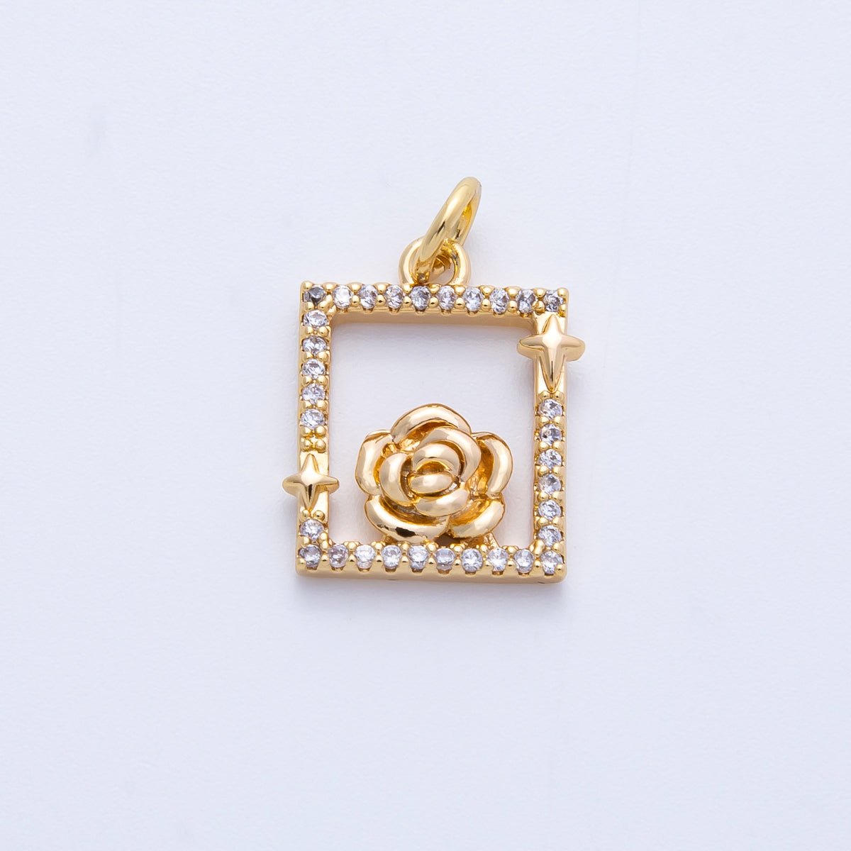 18K Gold Filled 15.5mm Rose Flower Open Micro Paved CZ Rectangle Charm in Gold & Silver | Charms - 00375 Charms - 00376 - DLUXCA