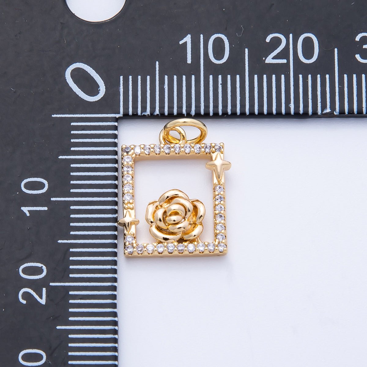 18K Gold Filled 15.5mm Rose Flower Open Micro Paved CZ Rectangle Charm in Gold & Silver | Charms - 00375 Charms - 00376 - DLUXCA