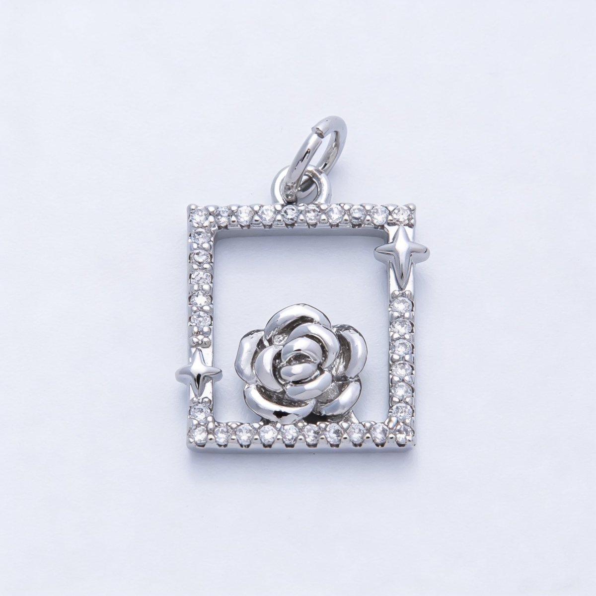 18K Gold Filled 15.5mm Rose Flower Open Micro Paved CZ Rectangle Charm in Gold & Silver | Charms - 00375 Charms - 00376 - DLUXCA