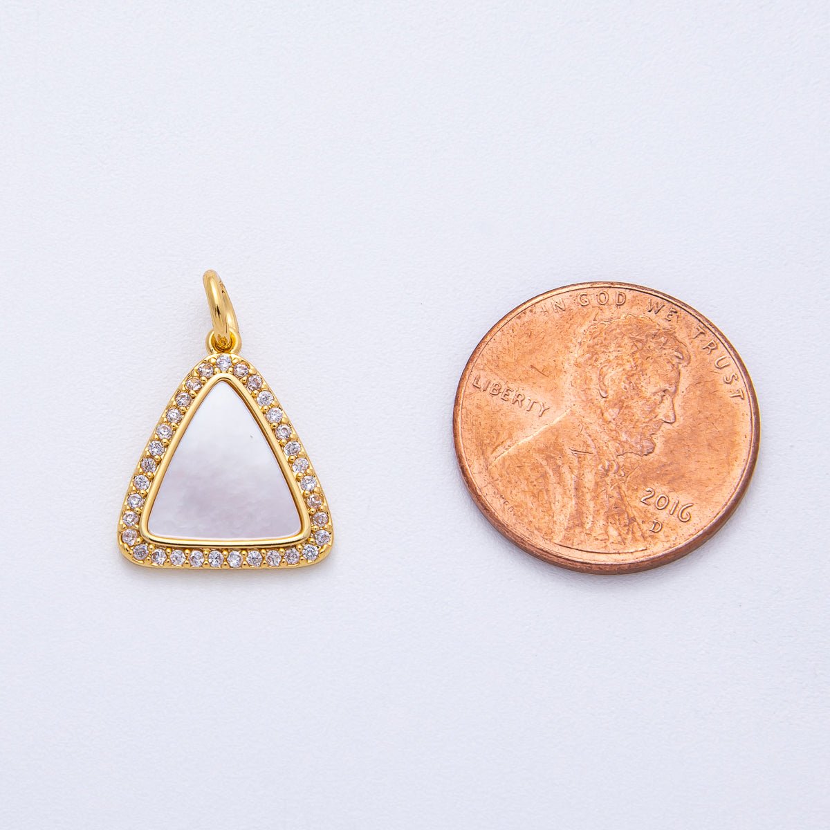18K Gold Filled 15.5mm Shell Pearl Micro Paved CZ Triangle Charm | AK046 - DLUXCA