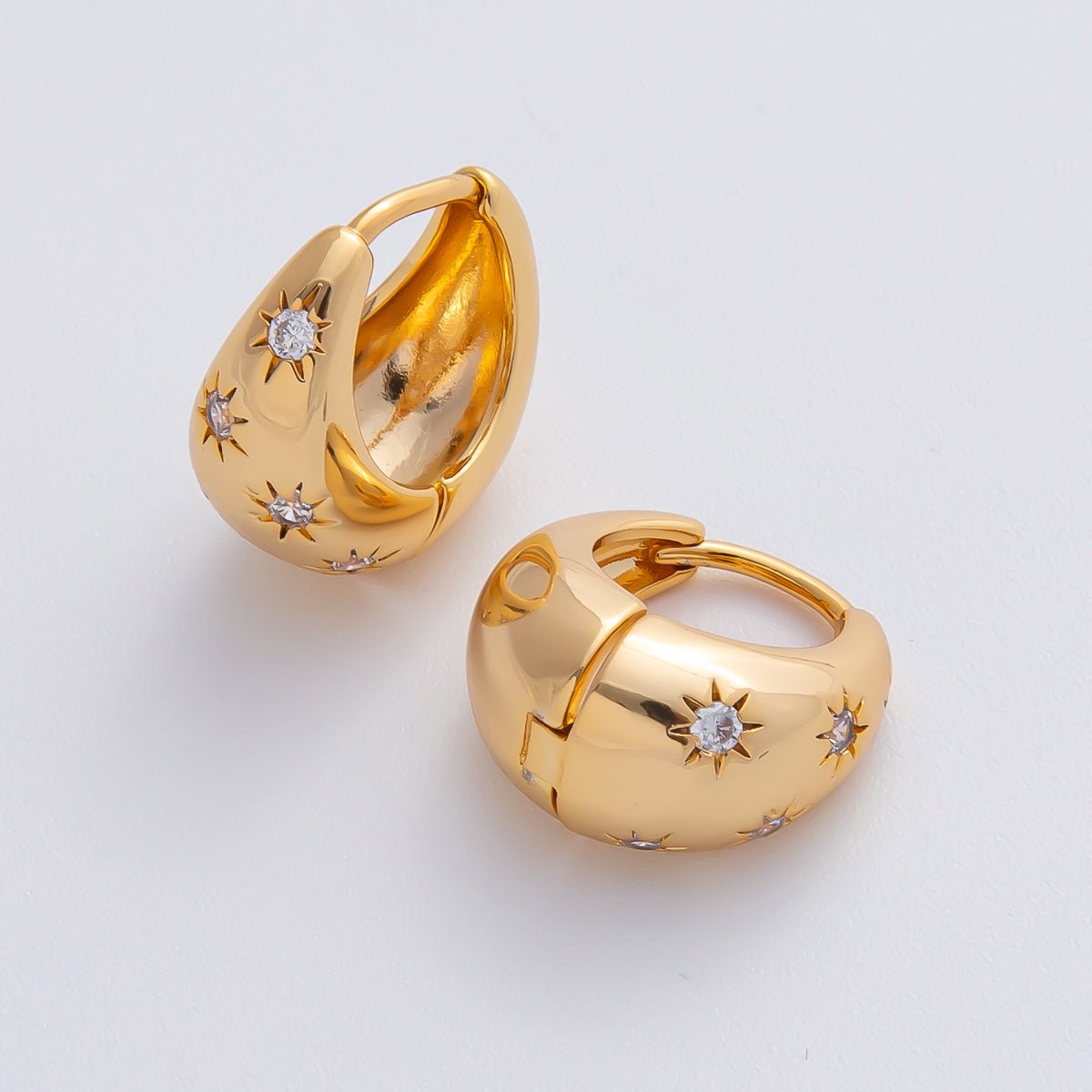 18K Gold Filled 15mm Celestial Star Dotted Dome Huggie Hoop Earrings | AD1618 - DLUXCA